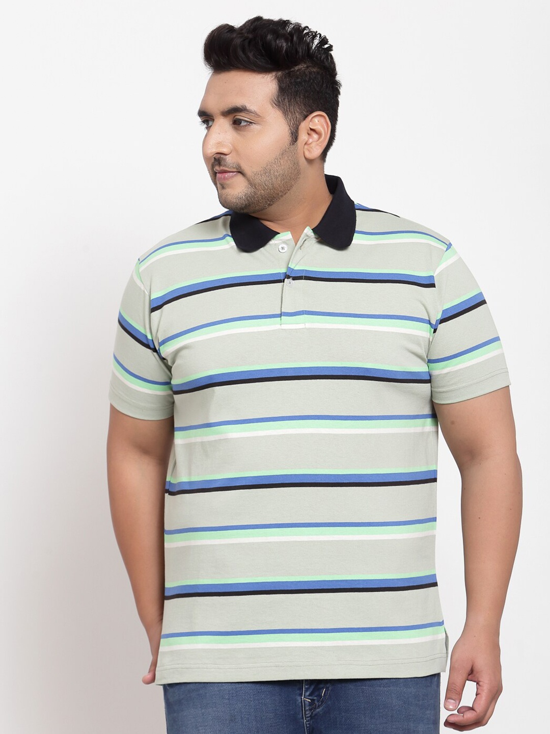 

plusS Men Green Striped Polo Collar Pockets T-shirt
