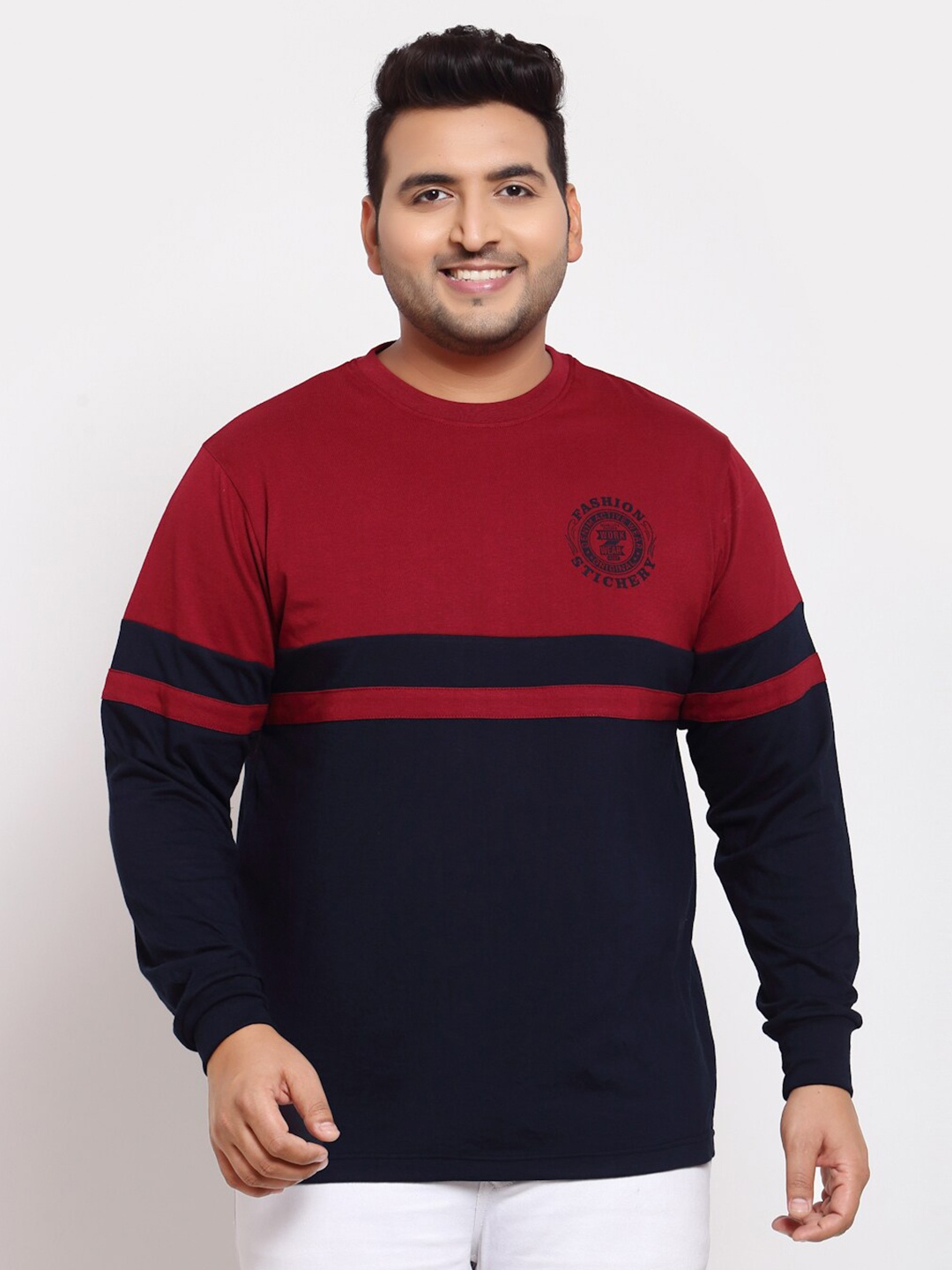 

plusS Men Red & Navy Blue Colourblocked T-shirt