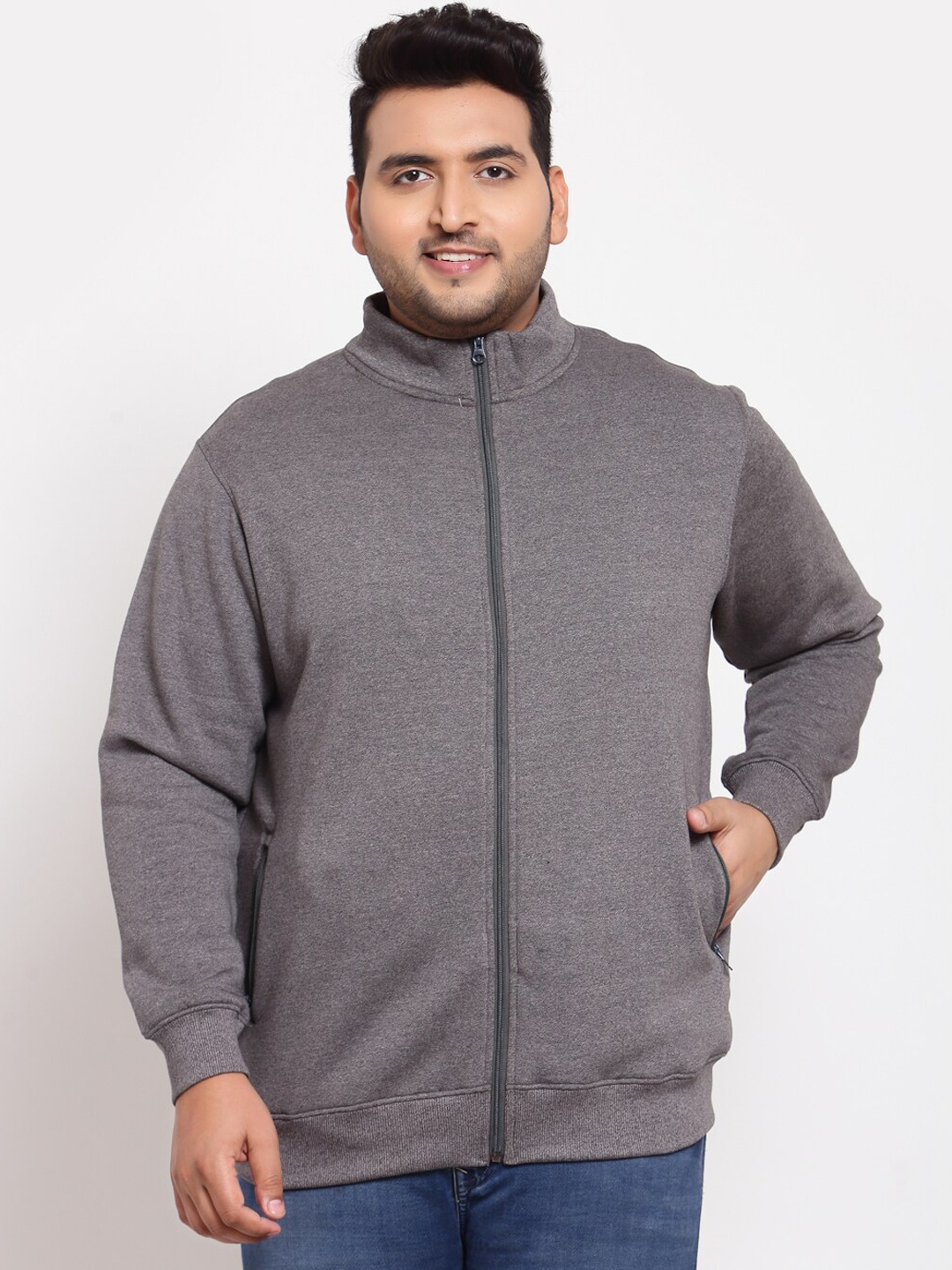 

plusS Men Charcoal Grey Solid Sweatshirt
