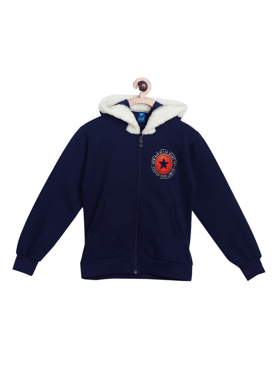 

Fashionable Boys Navy Blue & Red Typography Printed Hooded Sweatshirt