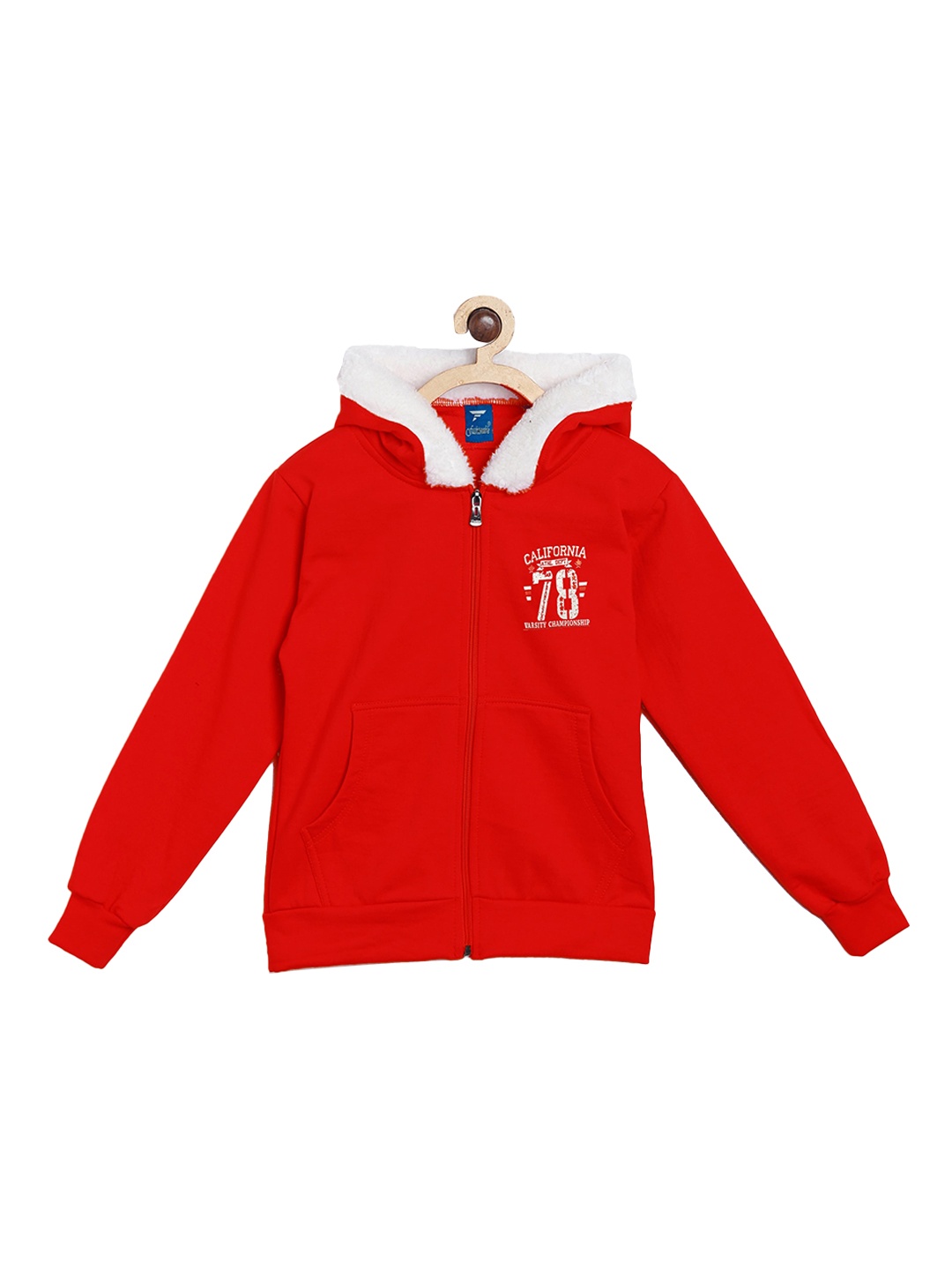 

Fashionable Boys Red & White Typography Printed Hooded Sweatshirt