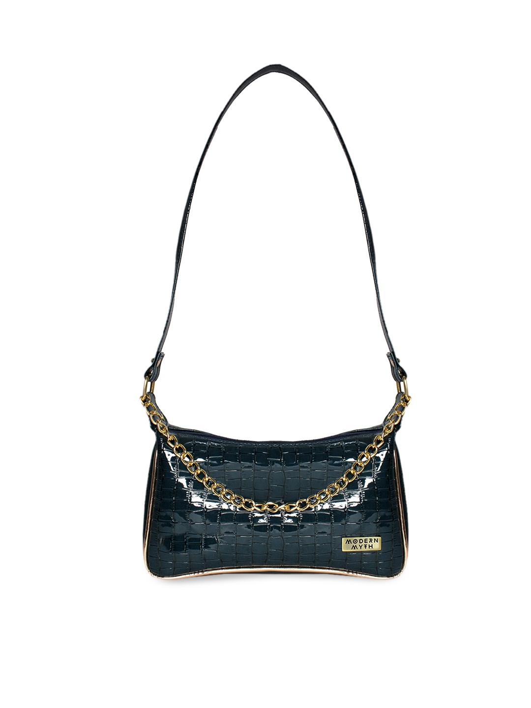 

MODERN MYTH Teal Blue Croc Textured Baguette Bag, Green