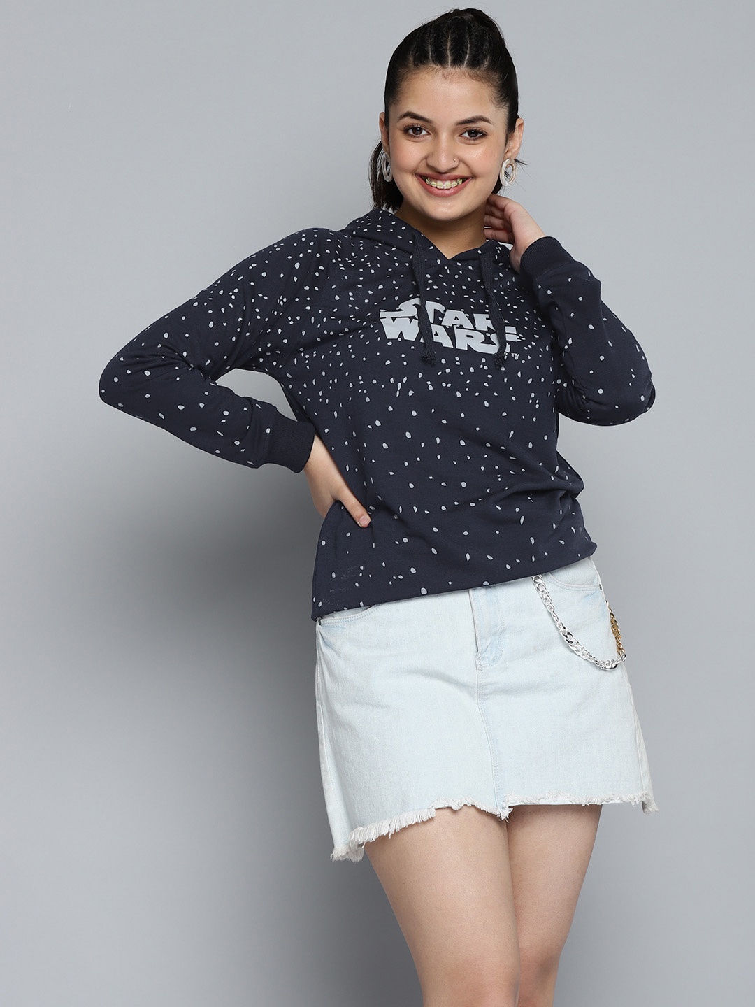 

Kook N Keech Star Wars Teens Girls Navy Blue & Grey Printed Hooded Sweatshirt