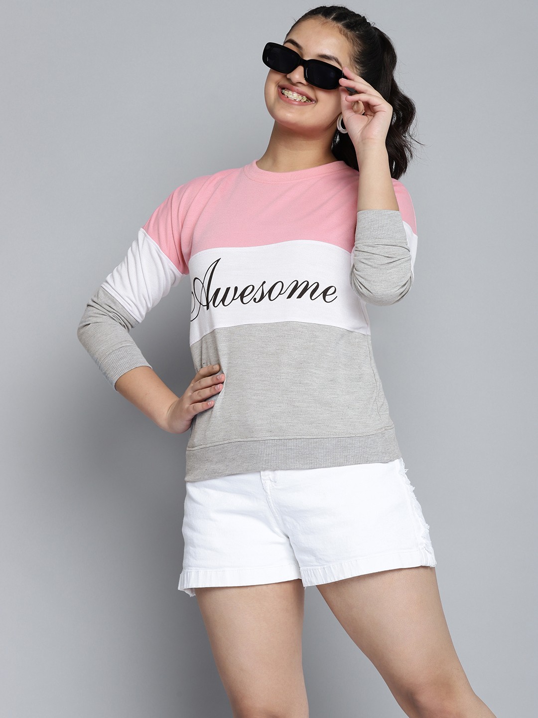 

Kook N Keech Teens Girls Pink & White Printed & Colourblocked Sweatshirt