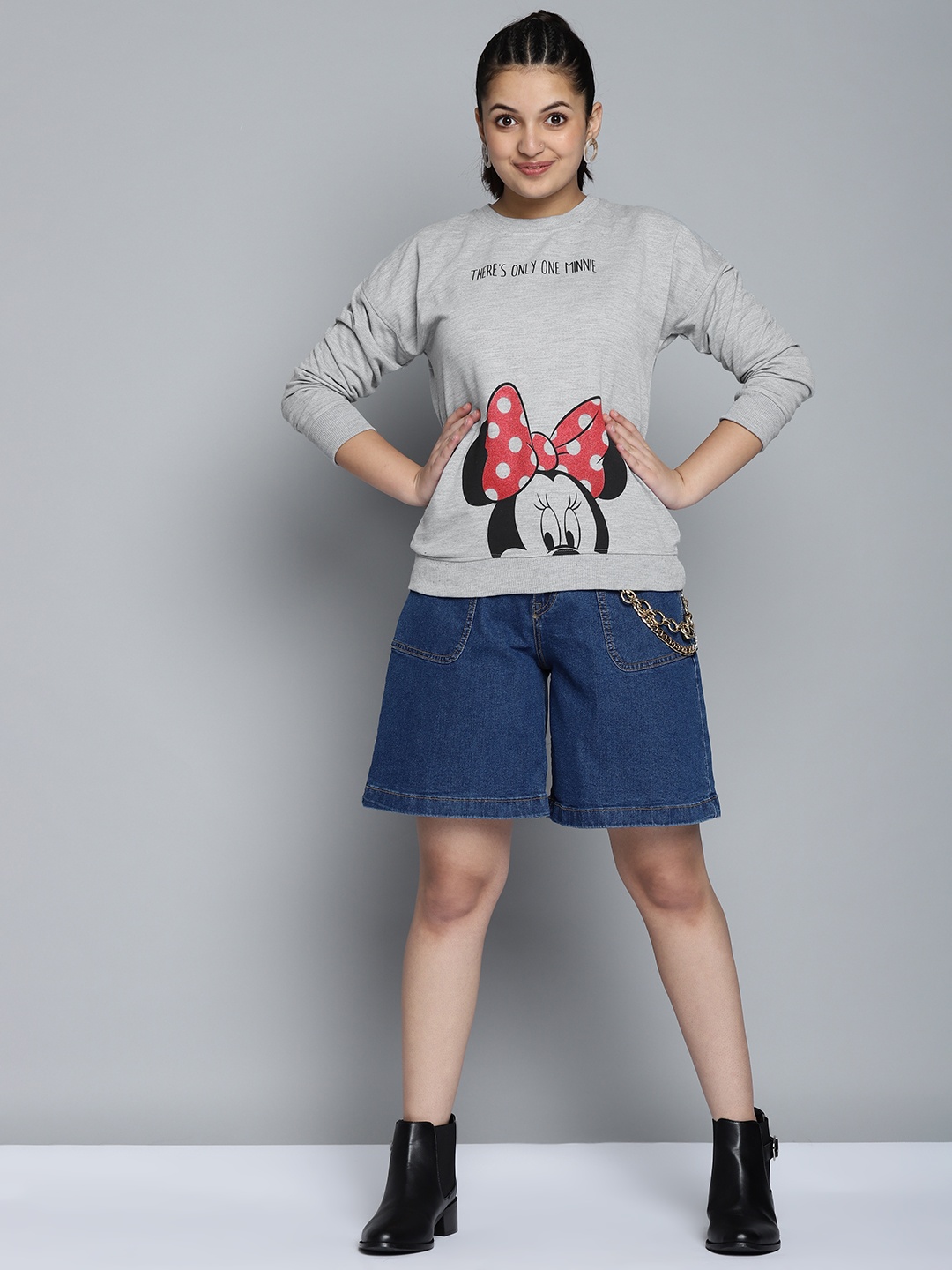 

Kook N Keech Disney Teens Girls Grey Melange & Black Minnie Mouse Print Sweatshirt