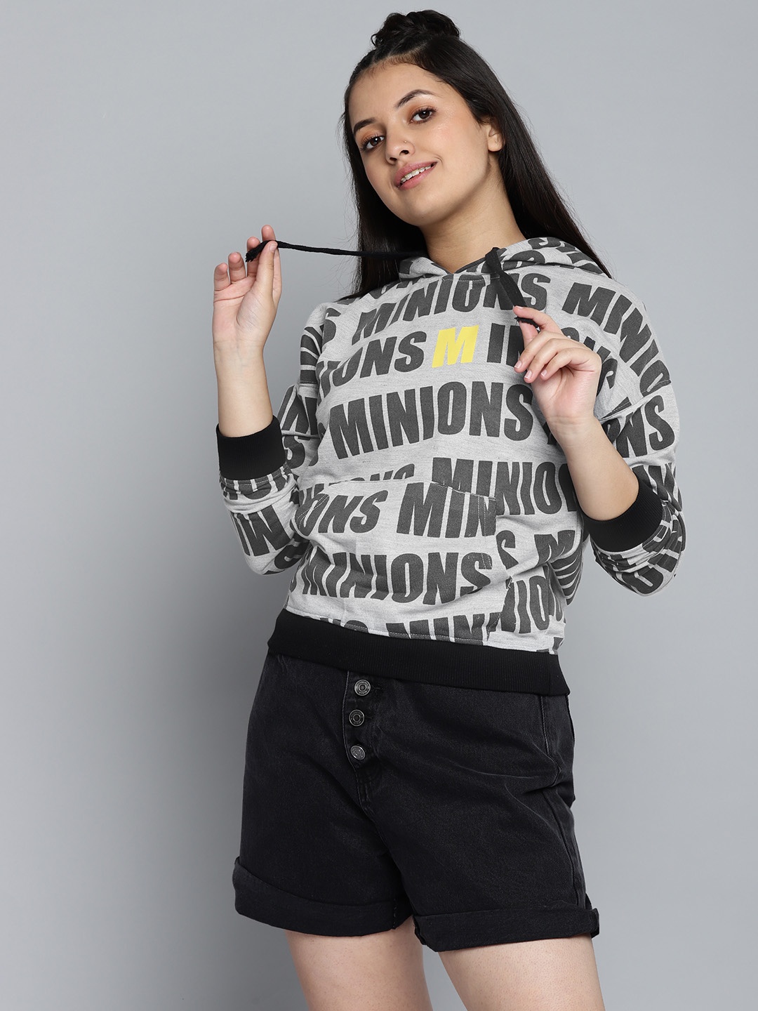 

Minions by Kook N Keech Teens Girls Grey Melange & Black Brand Logo Print Sweatshirt