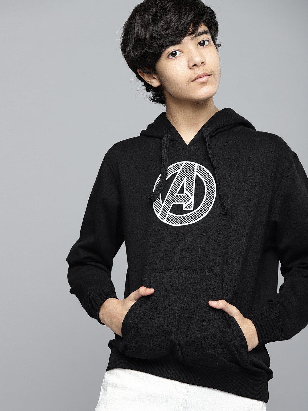

Kook N Keech Marvel Teens Boys Black & White Avengers Logo Print Hooded Sweatshirt