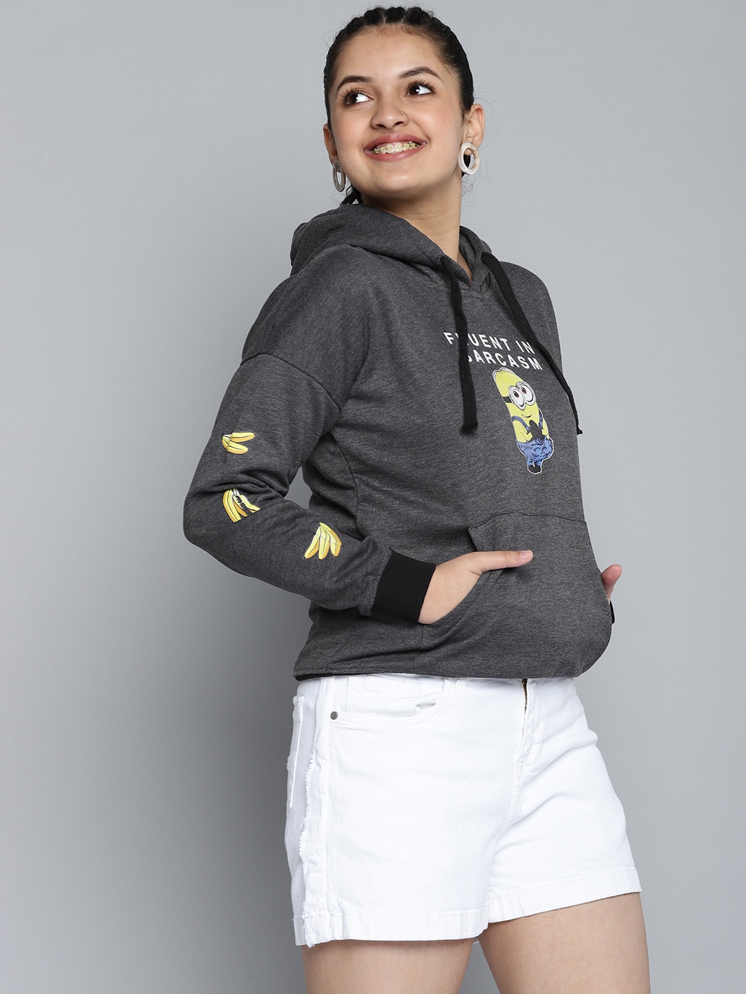 

Minions by Kook N Keech Teens Girls Charcoal & Yellow Minion Printed Hooded Sweatshirt