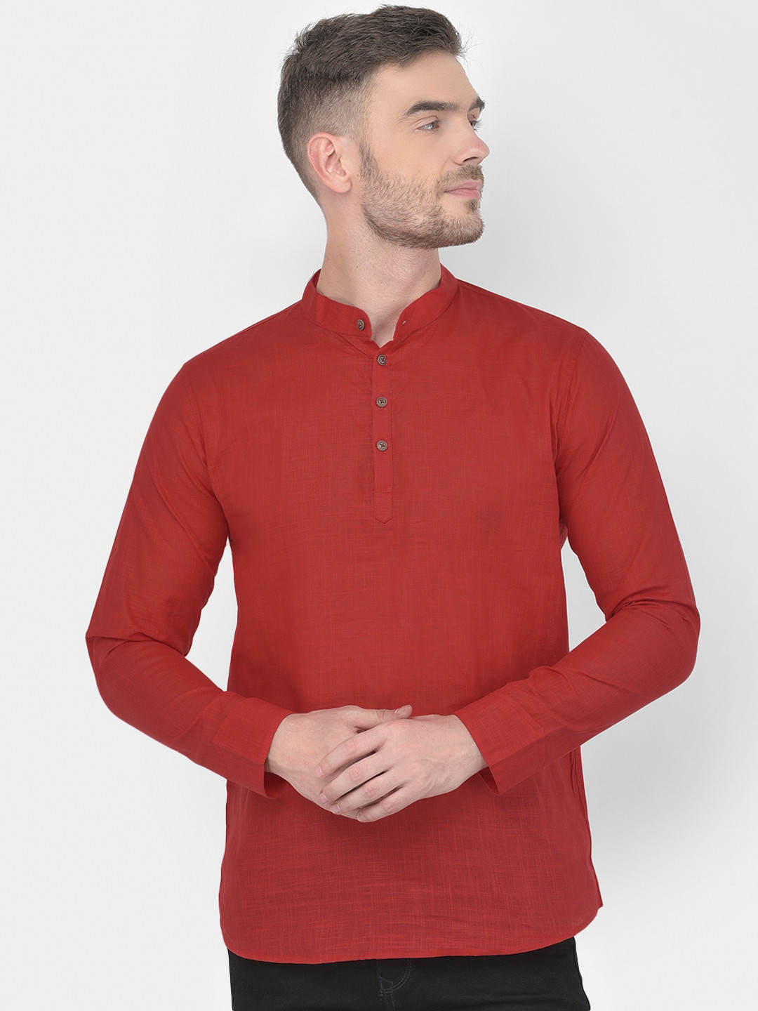 

SG LEMAN Men Red Thread Work Handloom Kurta