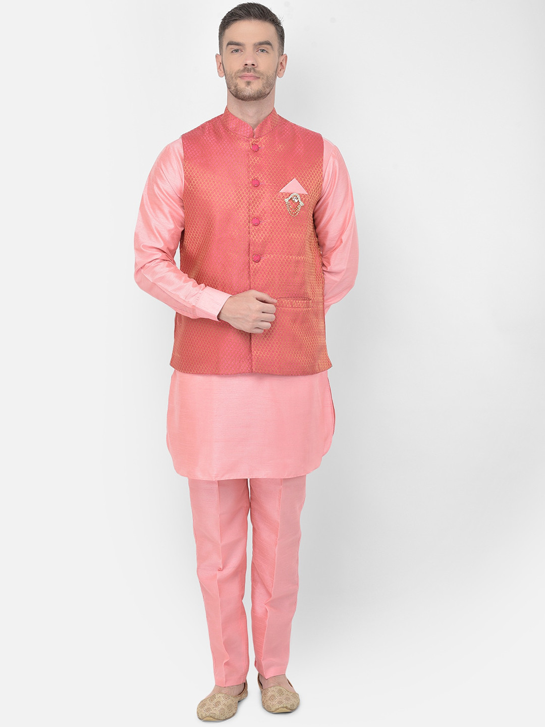 

SG LEMAN Men Pink Regular Raw Silk Kurta with Trousers & Nehru Jacket