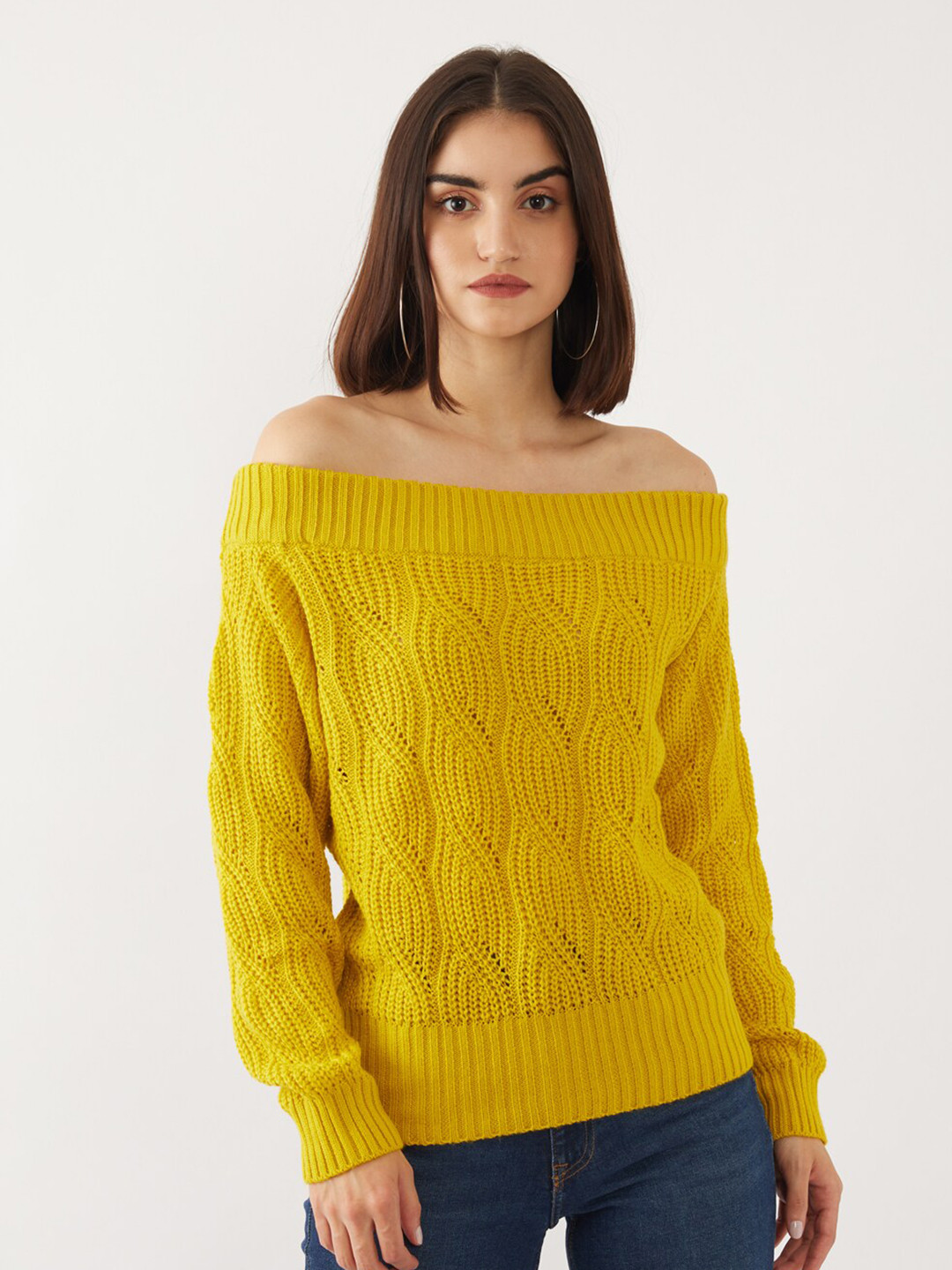 

Zink London Women Yellow Cable Knit Off-Shoulder Pure Acrylic Pullover Sweater