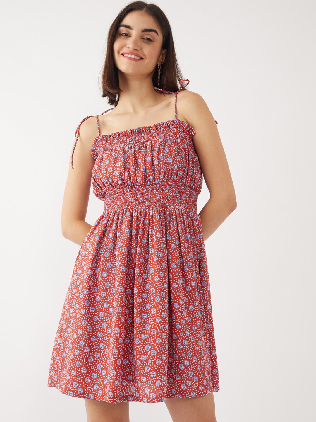 

Zink London Mauve Floral Printed Smoked Fit & Flared Dress