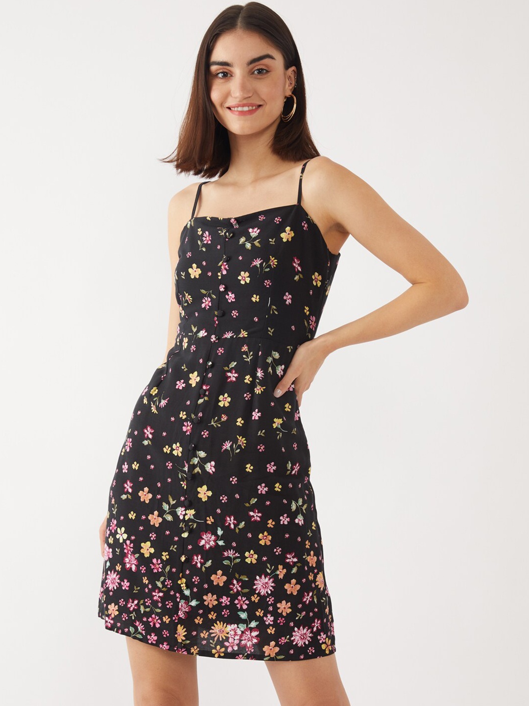 

Zink London Black & Yellow Floral A-Line Dress