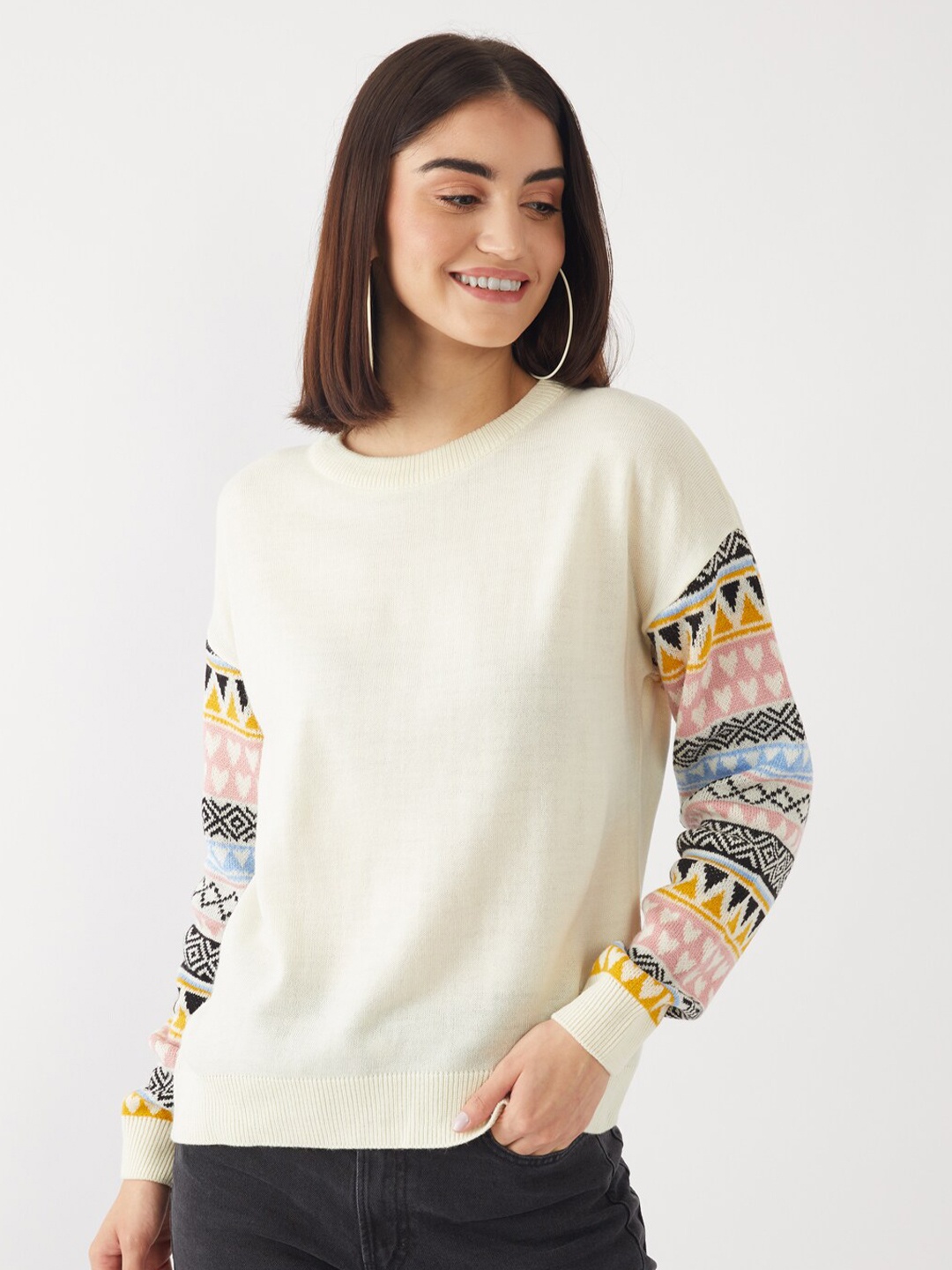 

Zink London Women Off White & Pink Printed Pure Acrylic Pullover