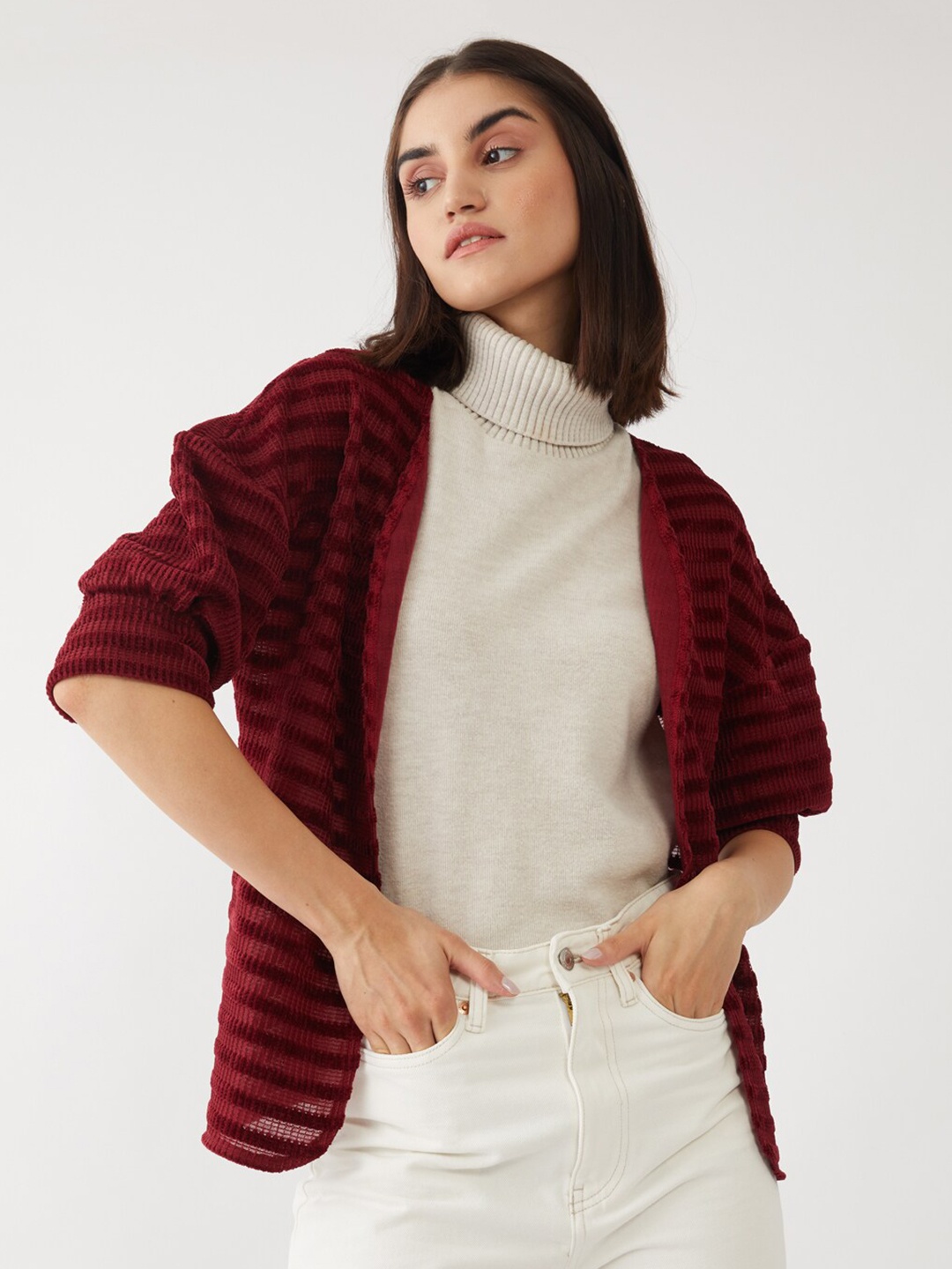 

Zink London Women Maroon Self-Design Shrug