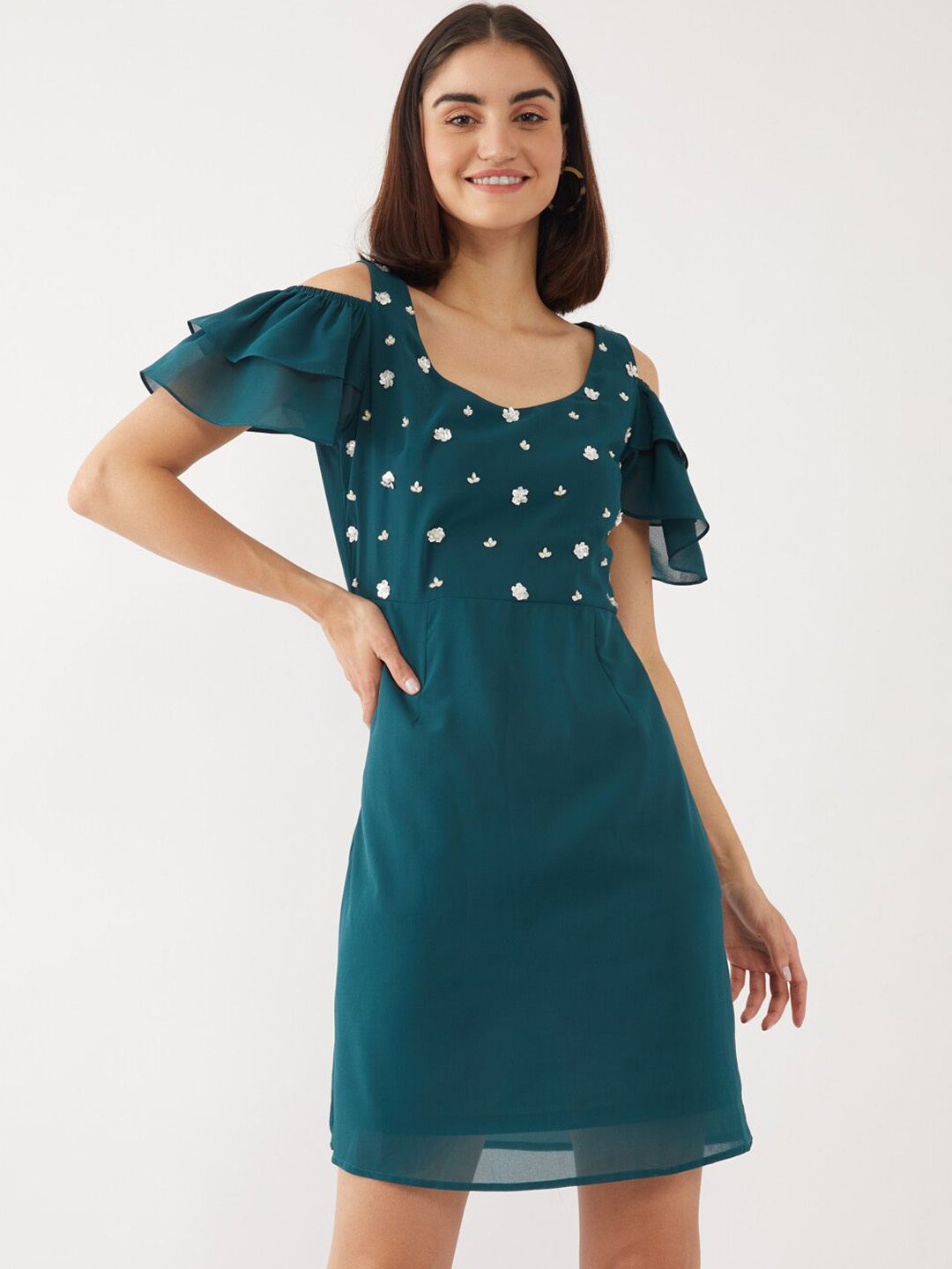 

Zink London Teal & Off White Floral A-Line Dress