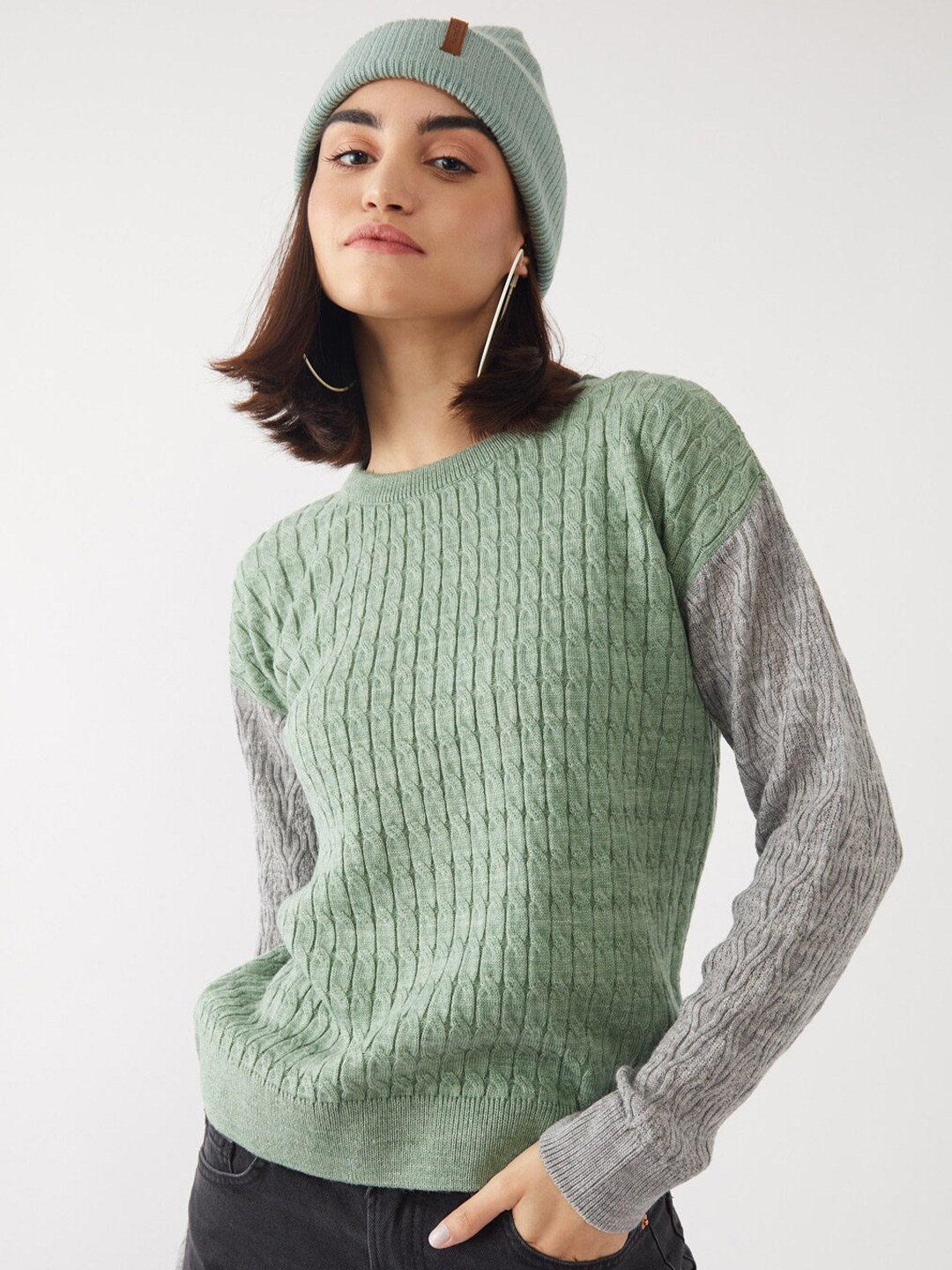 

Zink London Women Green & Grey Cable Knit Pure Acrylic Pullover Sweater