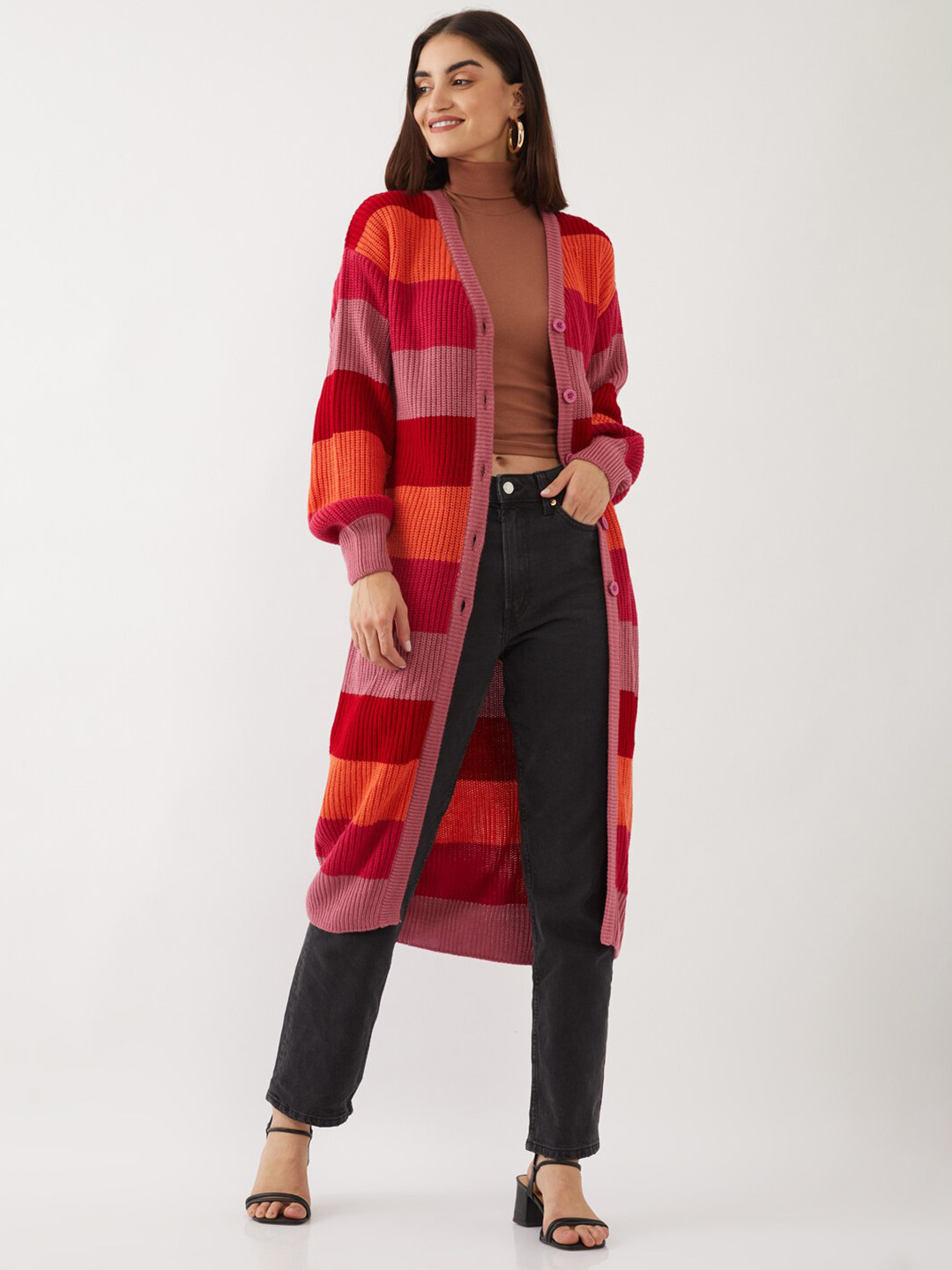 

Zink London Women Orange & Red Striped Pure Acrylic Longline Cardigan