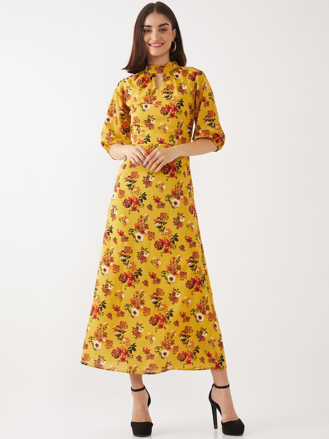 

Zink London Yellow Floral Printed Choker Neck A-Line Midi Dress