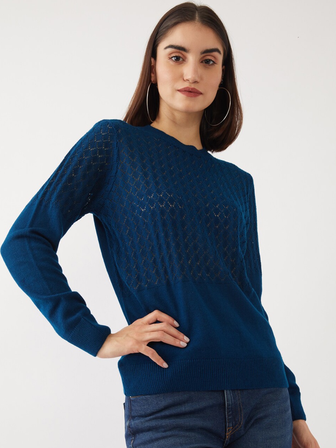 

Zink London Women Teal Open Knit Pure Acrylic Pullover Sweater