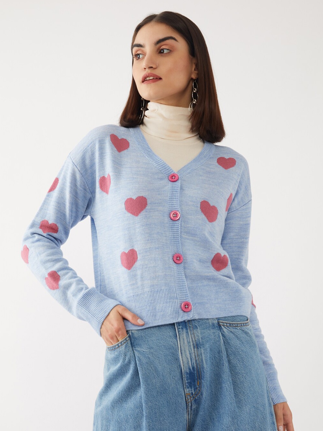

Zink London Women Blue & Red Printed Jacquard Pure Acrylic Cardigan