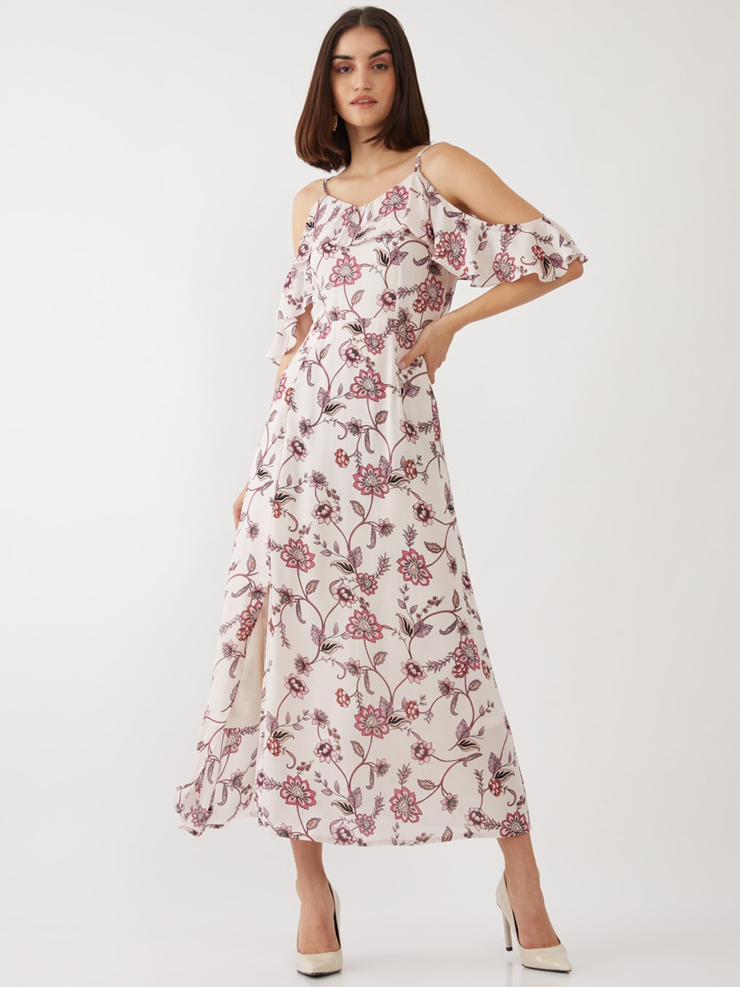 

Zink London Pink Floral Printed A-Line Midi Dress