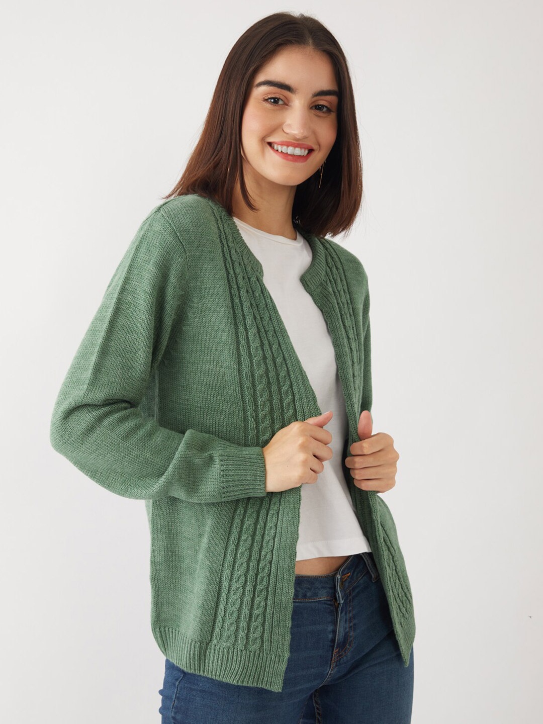

Zink London Women Green Cable Knit Pure Acrylic Front Open Shrug