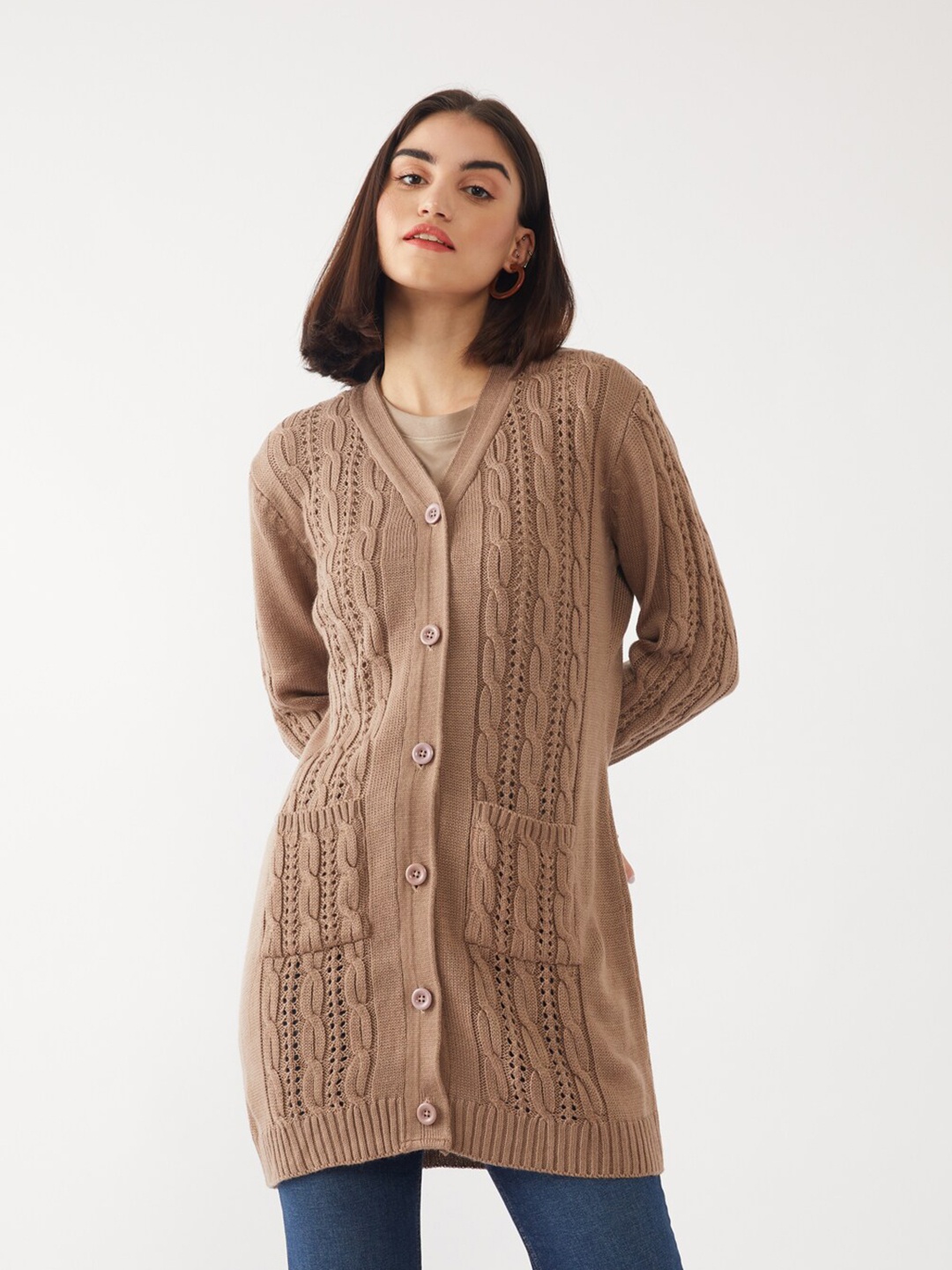

Zink London Women Brown Cable Knit Pure Acrylic Longline Cardigan