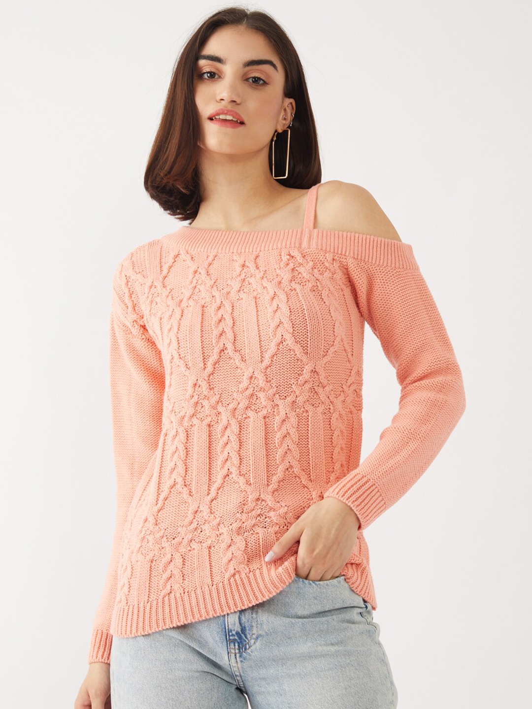 

Zink London Women Peach-Coloured Cable Knit Pure Acrylic Pullover Sweater