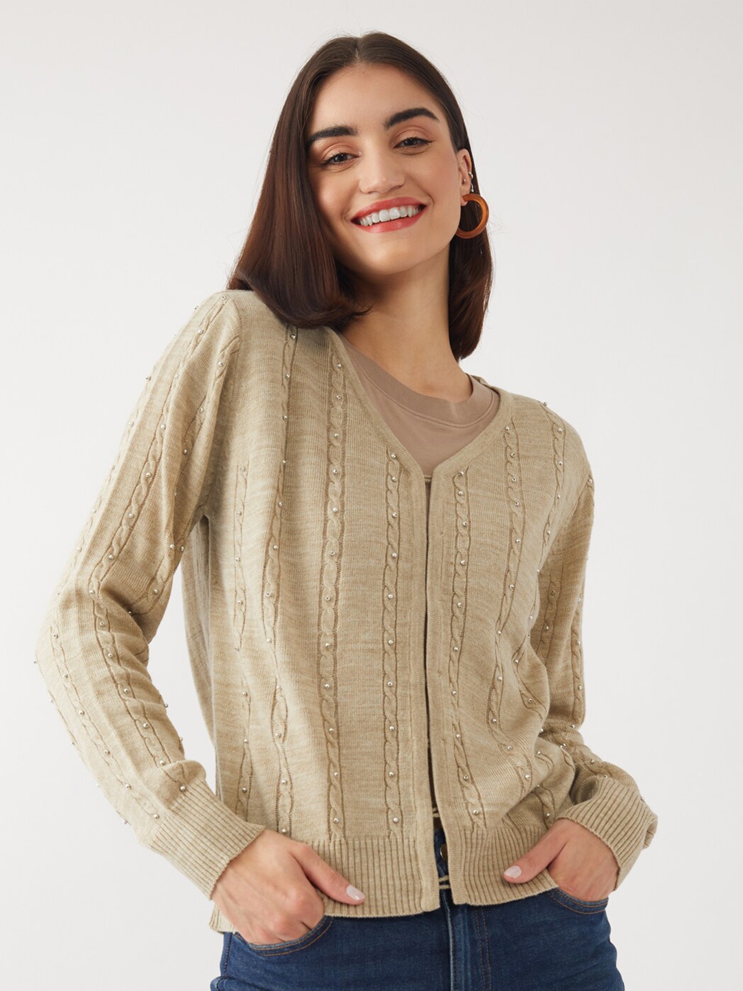 

Zink London Women Beige Cable Knit Pure Acrylic Cardigan
