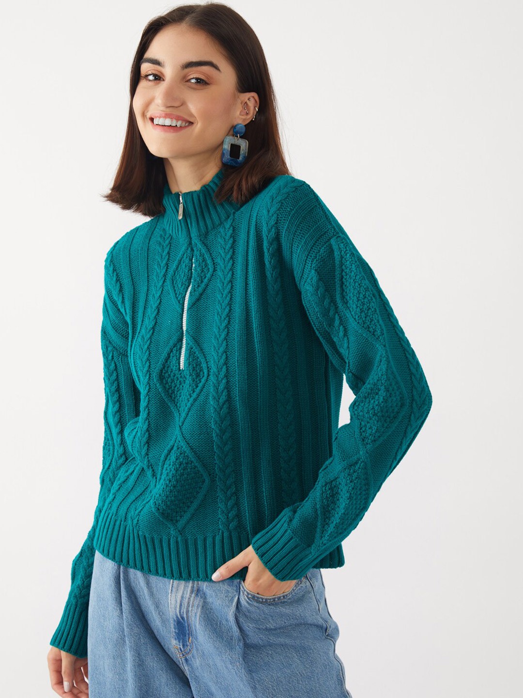 

Zink London Women Green Cable Knit Pure Acrylic Pullover