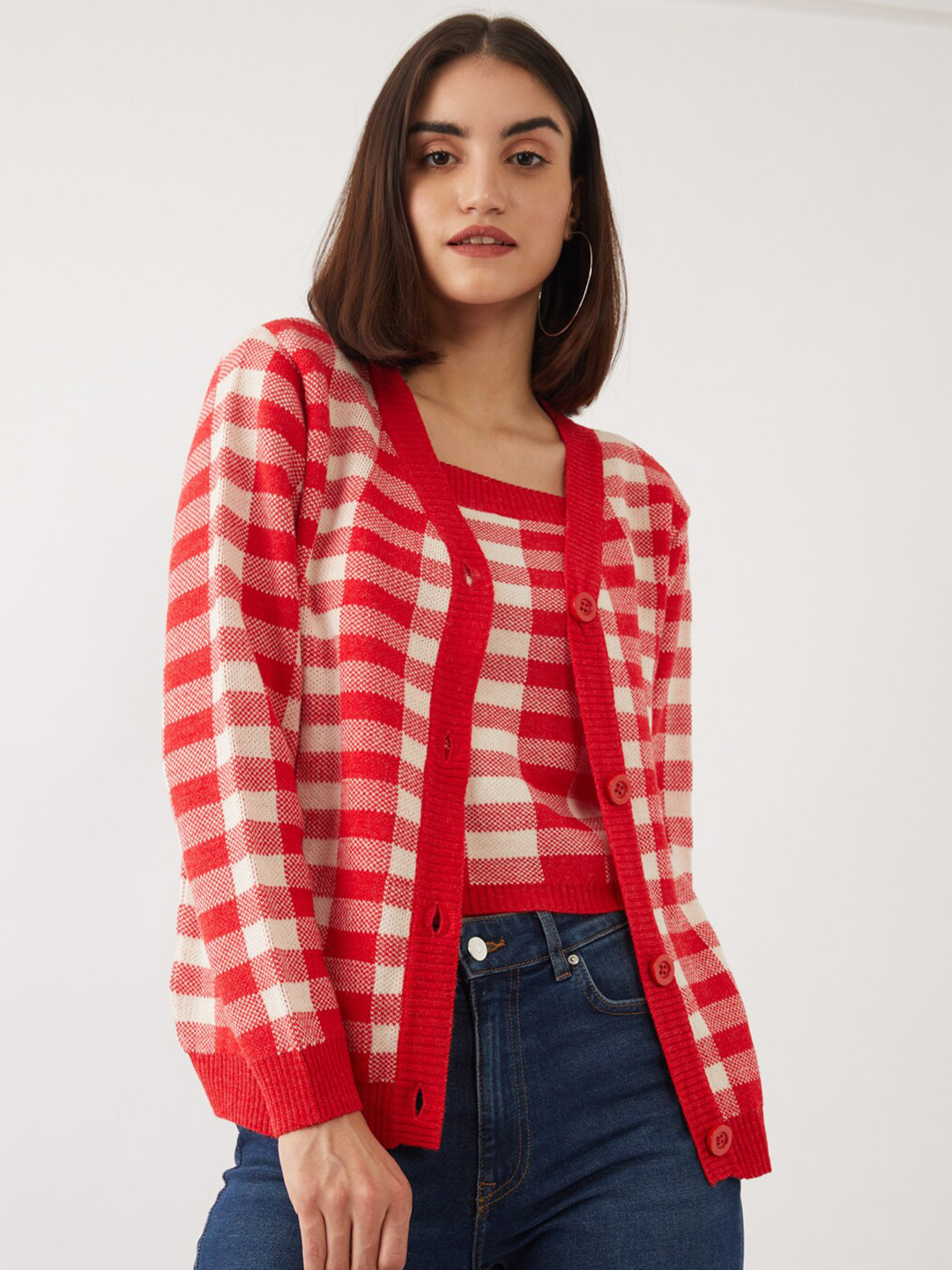 

Zink London Women Red & White Checked Pure Acrylic Cardigan