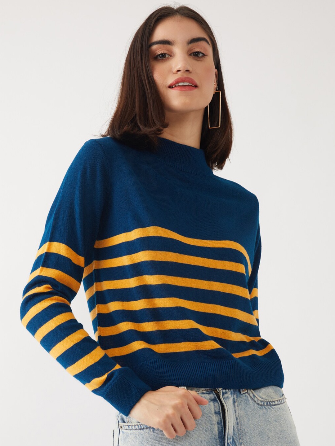 

Zink London Women Blue & Yellow Striped Pure Acrylic Pullover Sweater