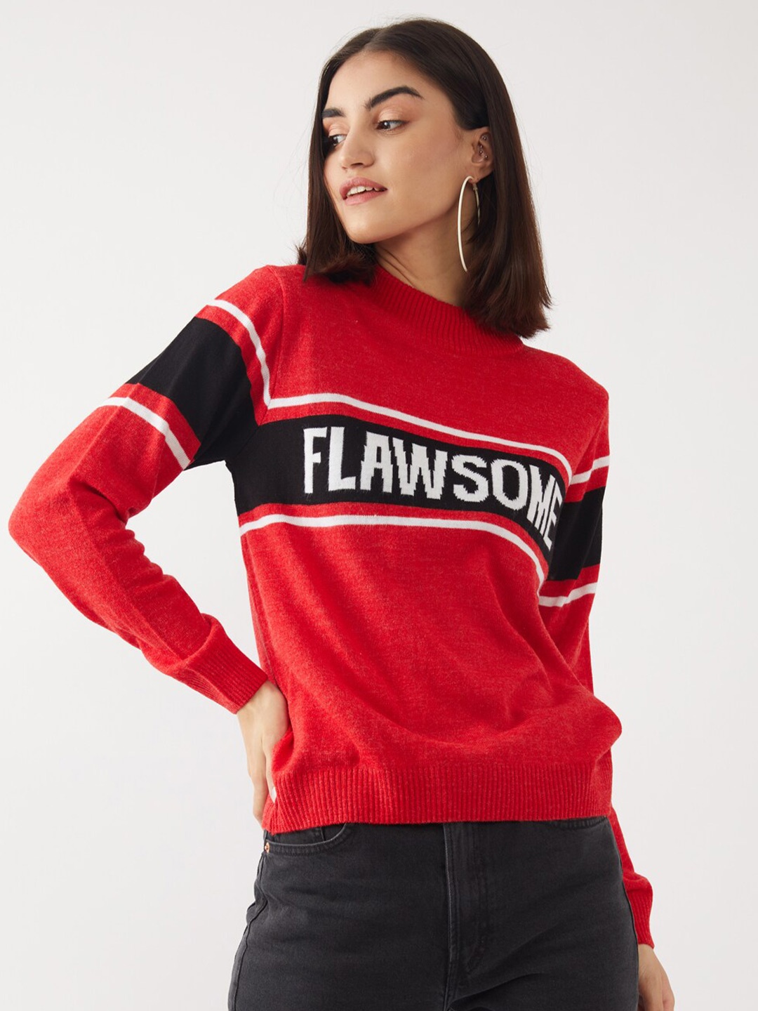 

Zink London Women Red & Black Typography Printed Pure Acrylic Pullover