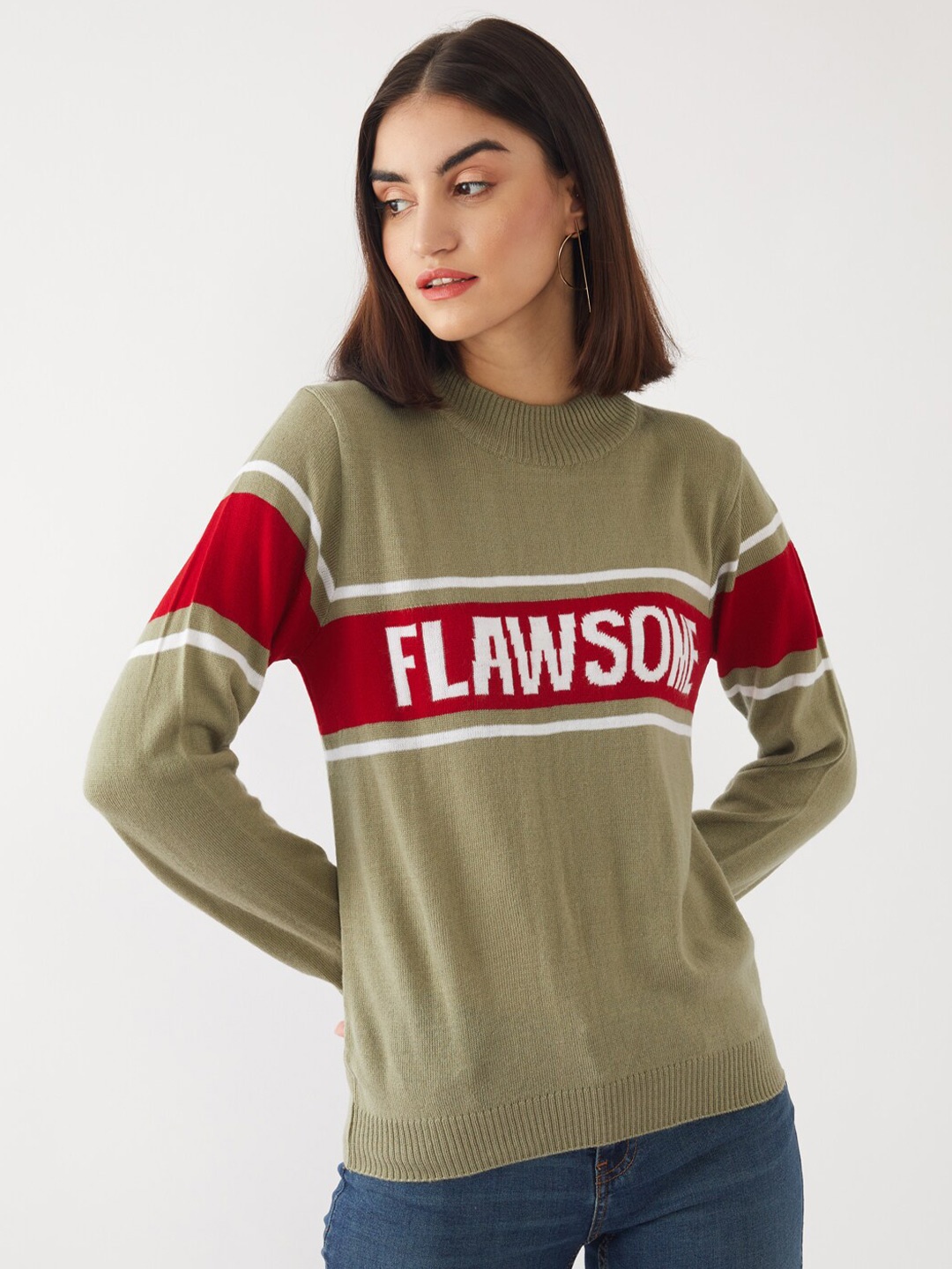 

Zink London Women Green & Red Typography Printed Pure Acrylic Pullover Sweater