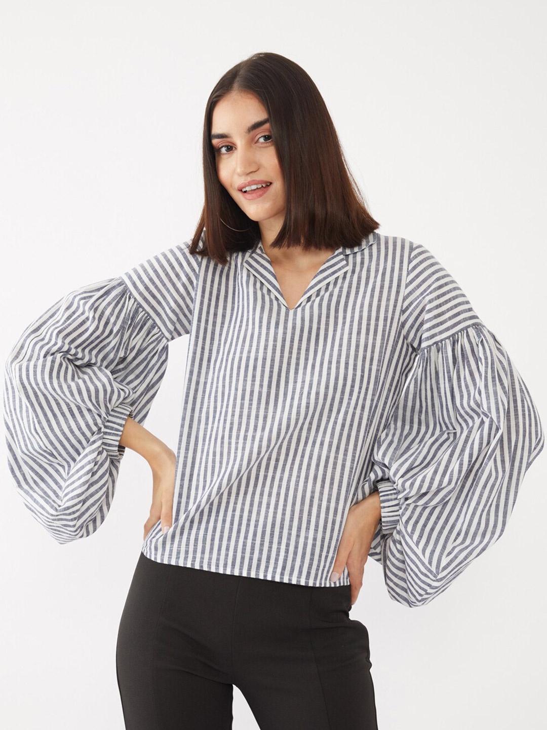

Zink London White Striped Bishop Sleeves Cotton Regular Top