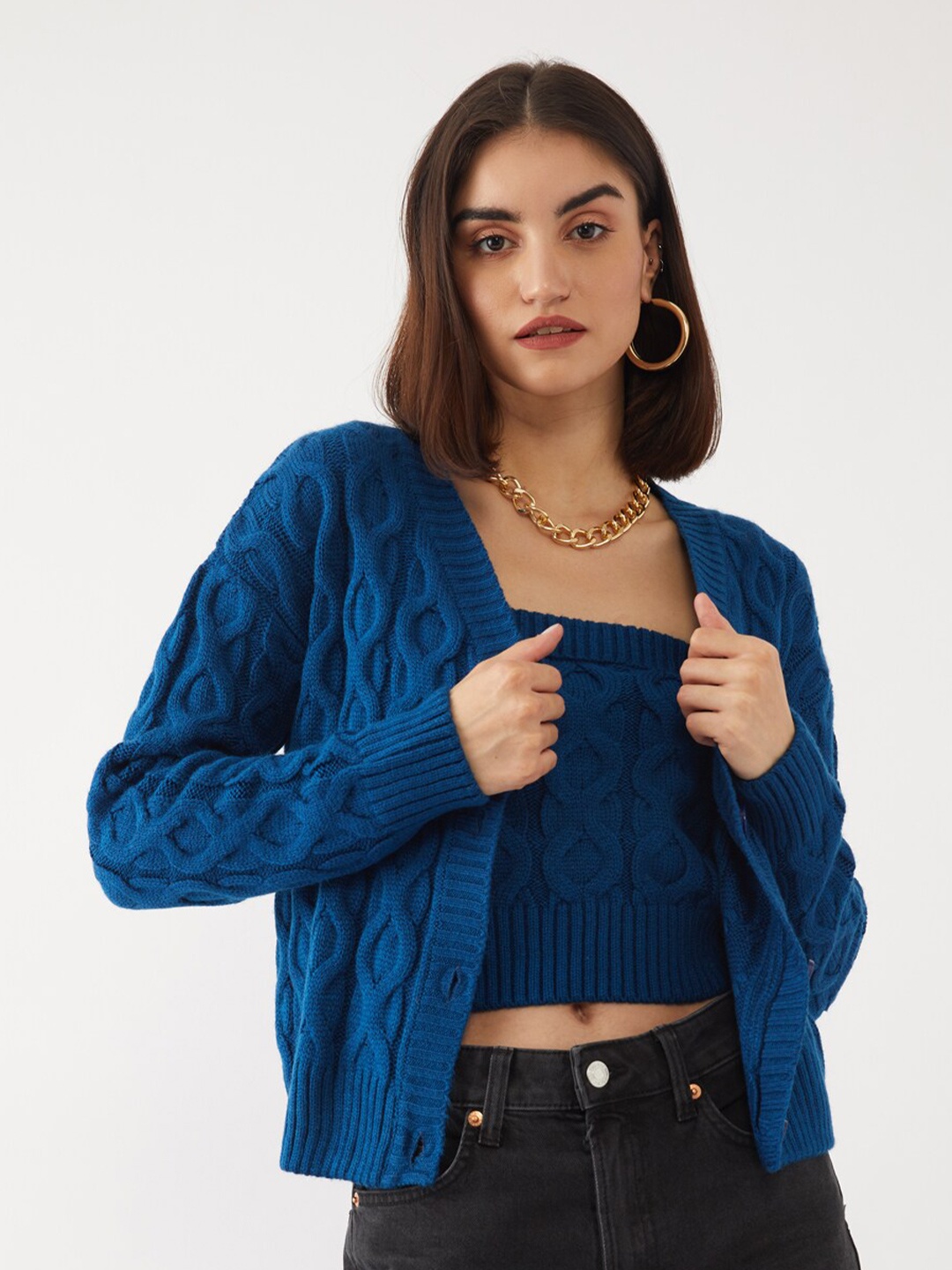 

Zink London Women Blue Cable Knit Pure Acrylic Cardigan