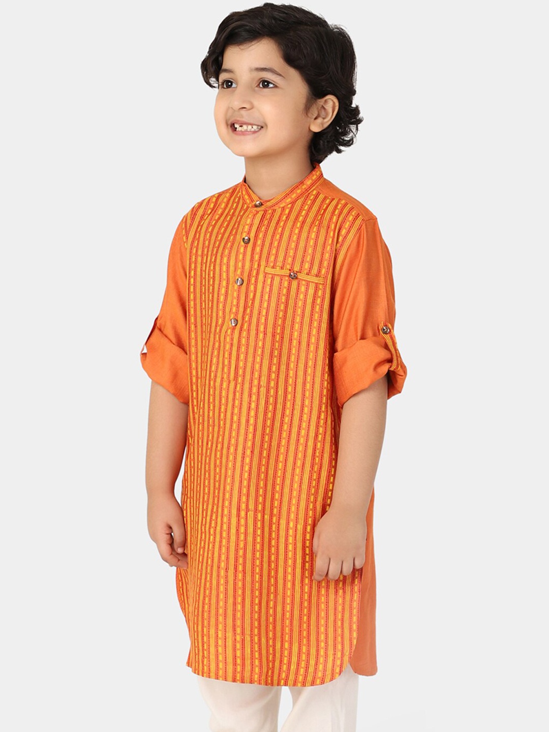 

Fabindia Boys Yellow Striped Thread Work Pathani Kurta