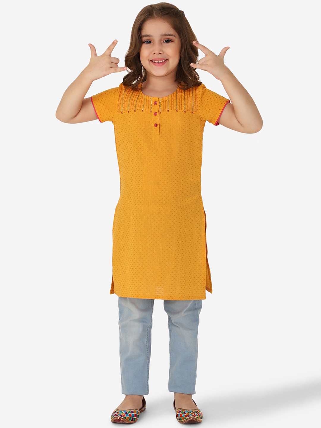 

Fabindia Girls Mustard Yellow Thread Work Cotton Kurta