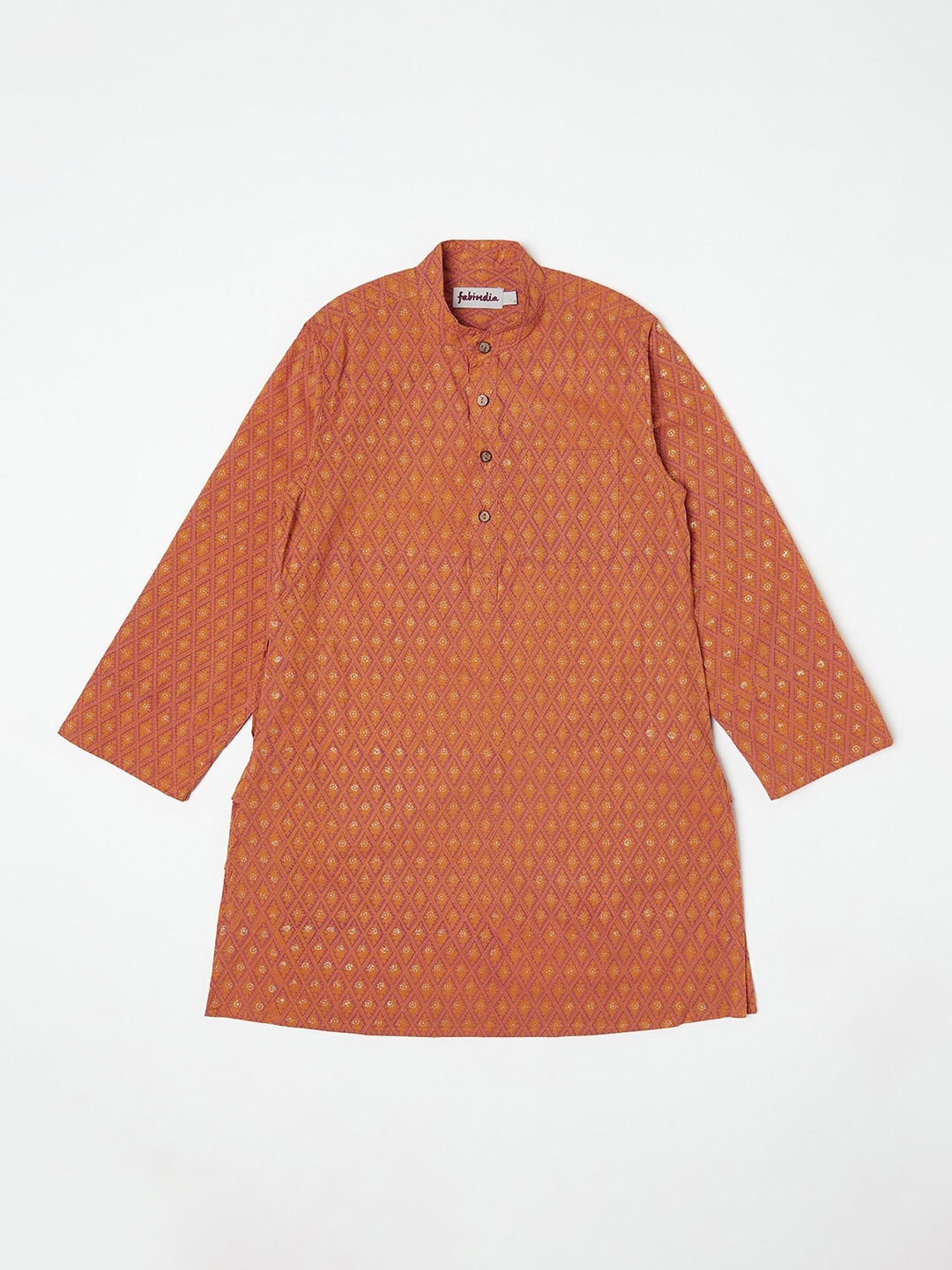 

Fabindia Boys Orange & Purple Geometric Printed Cotton Kurta