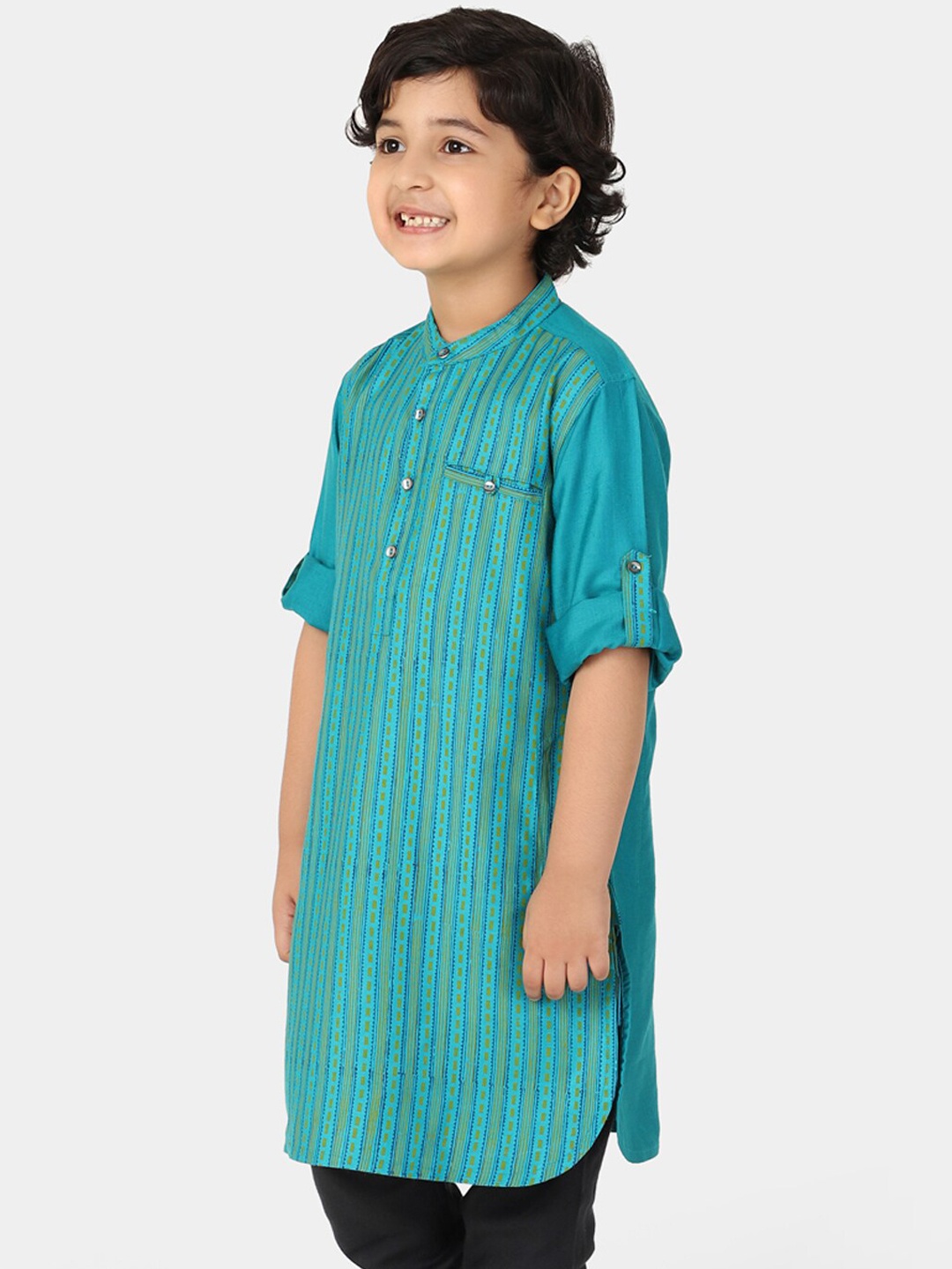 

Fabindia Boys Turquoise Blue Striped Thread Work Pathani Kurta
