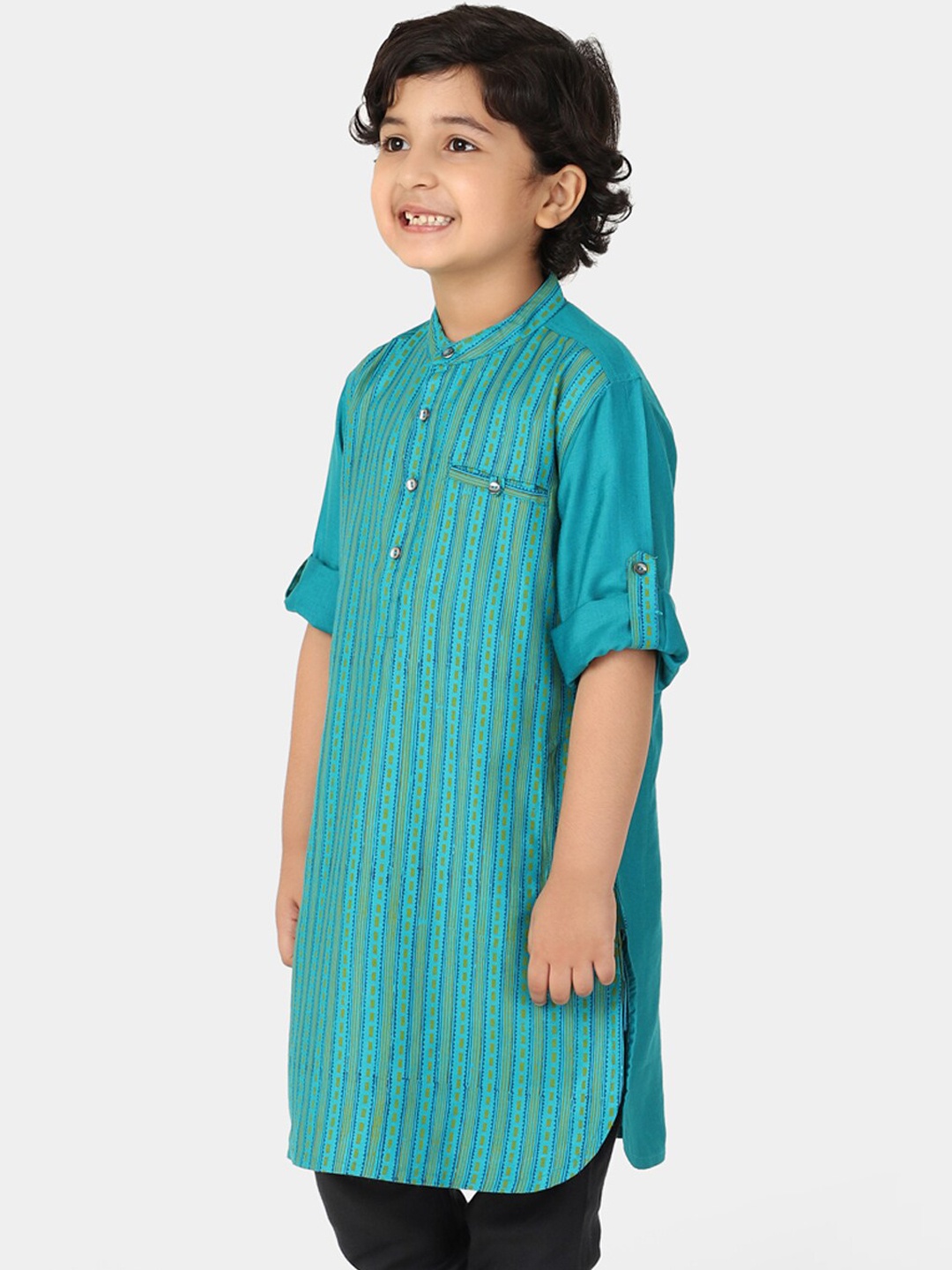 

Fabindia Boys Turquoise Blue Striped Thread Work Pathani Kurta