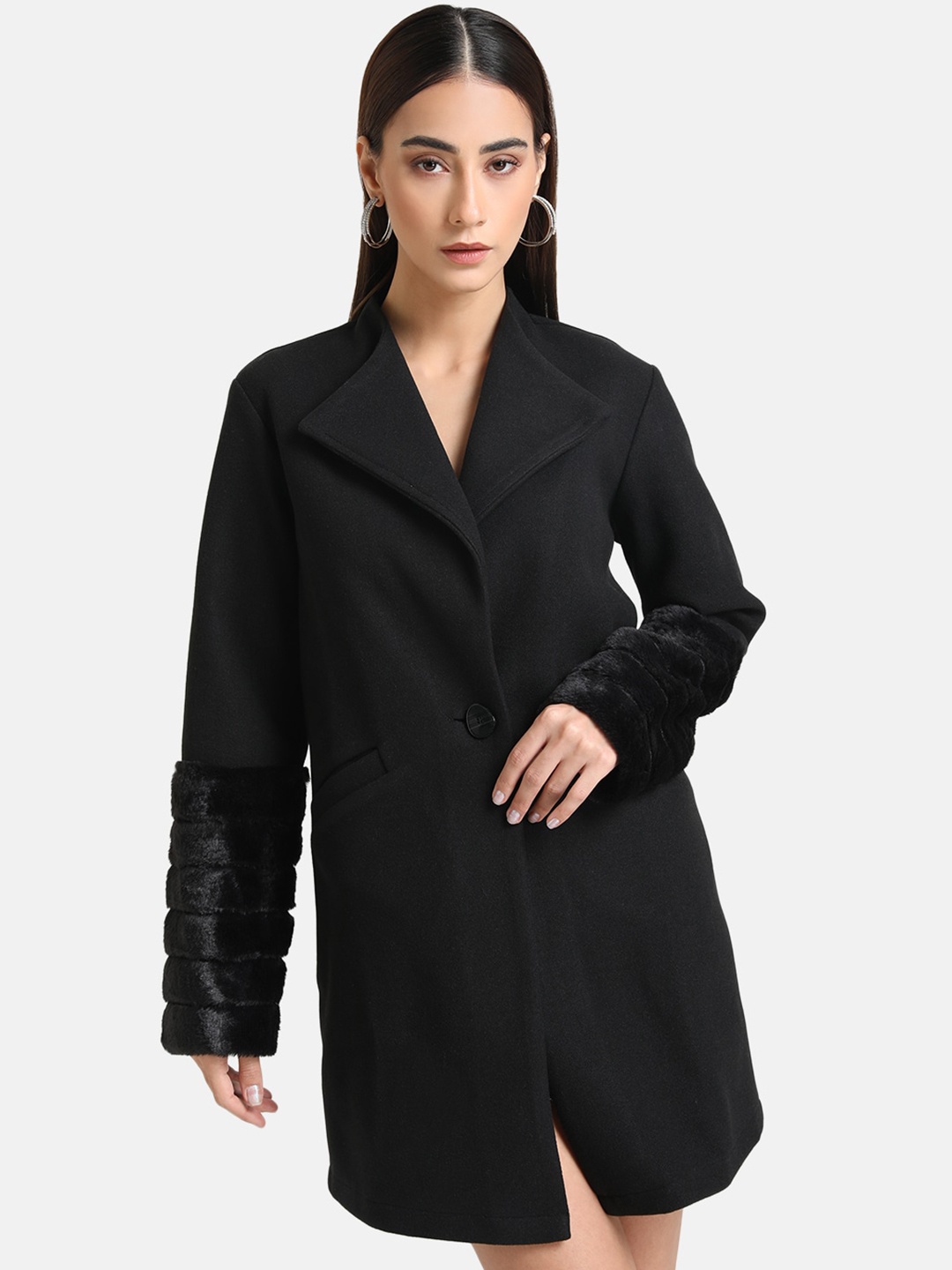 

Kazo Women Black Solid Fur Overcoat