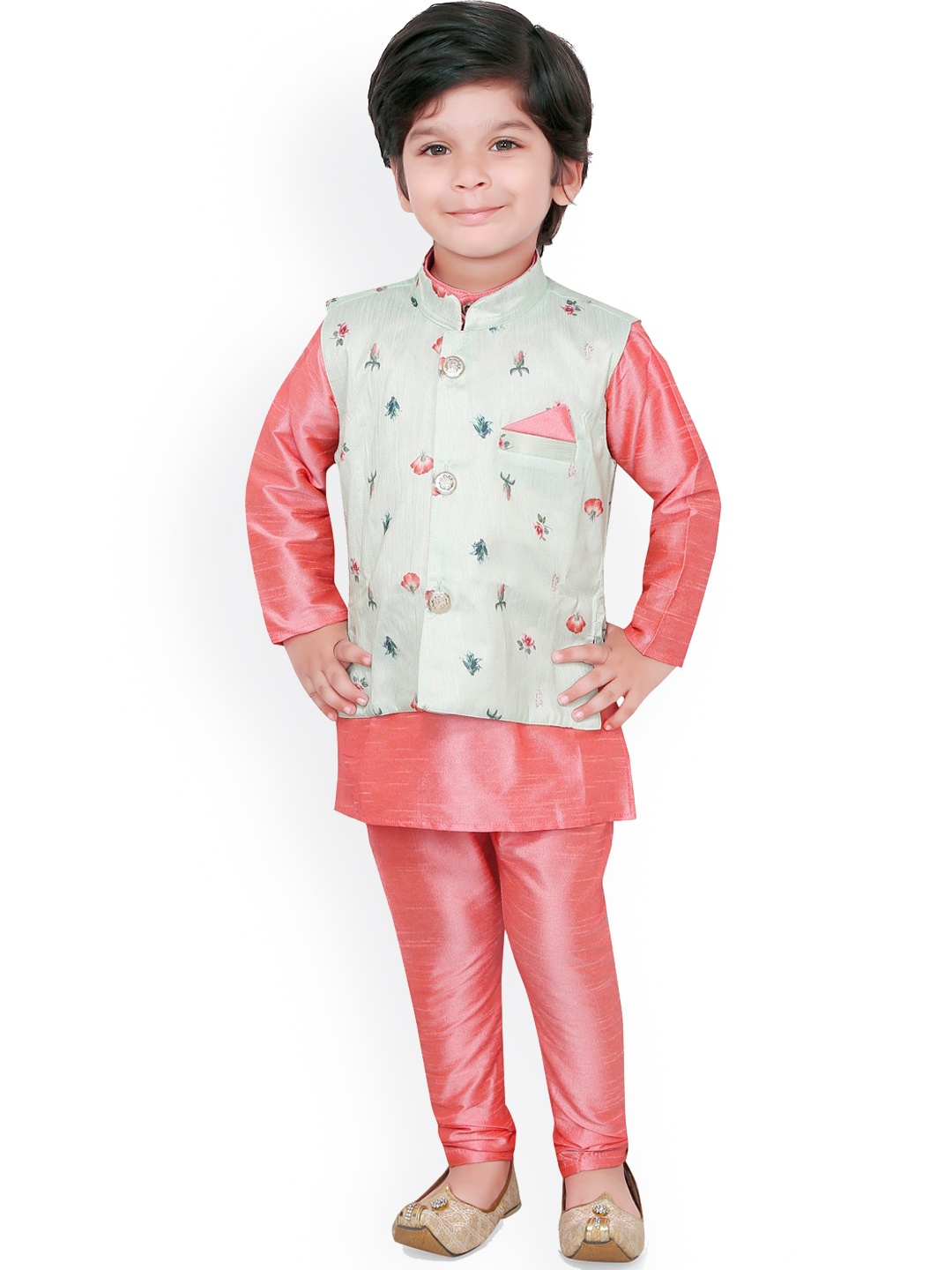 

Ridokidz Boys Lime Green Kurta with Churidar & Floral Printed Nehru Jacket