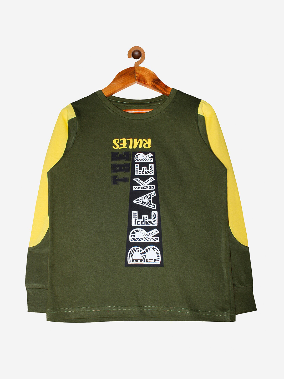 

KiddoPanti Boys Green & Yellow Typography Printed Pure Cotton T-shirt