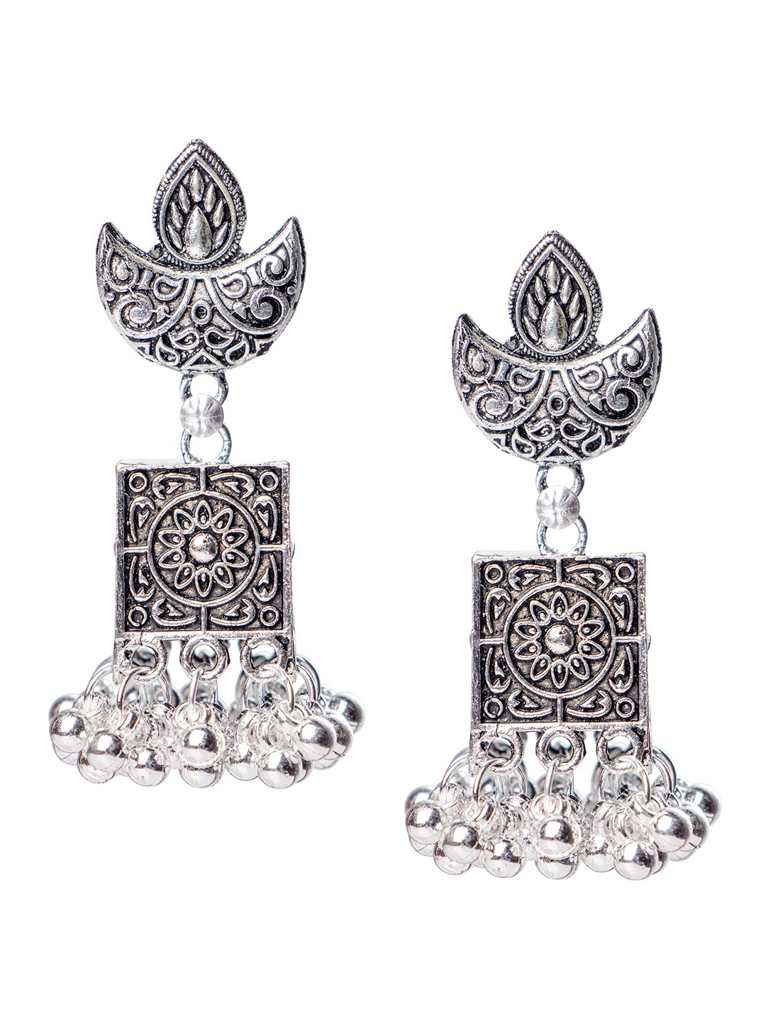 

MORKANTH JEWELLERY Woman Silver Oxidised Contemporary Moon Shaped Jhumkhas