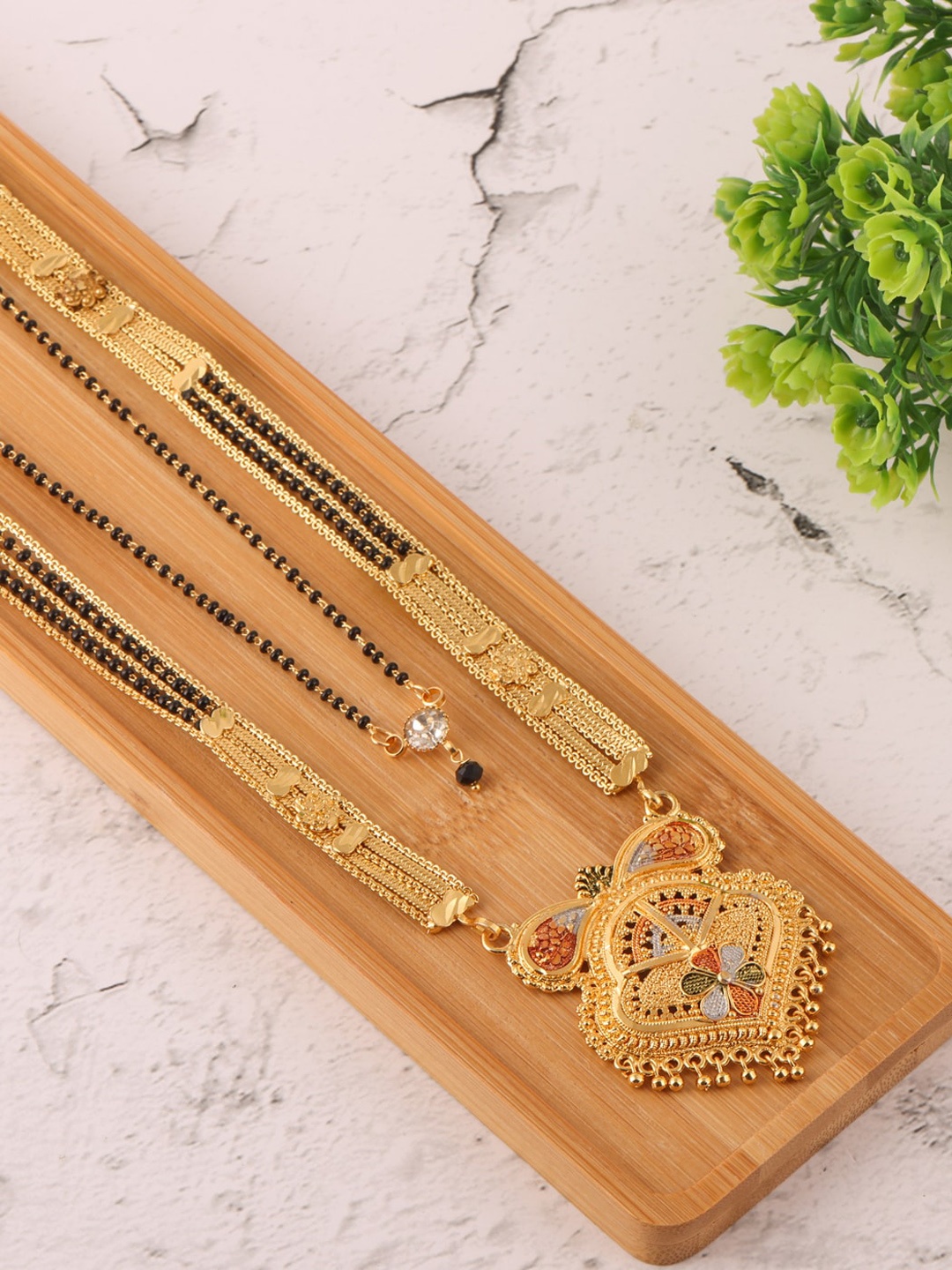 

Brandsoon Set Of 2 Black & Gold-Toned & Plated Beaded Mangalsutras