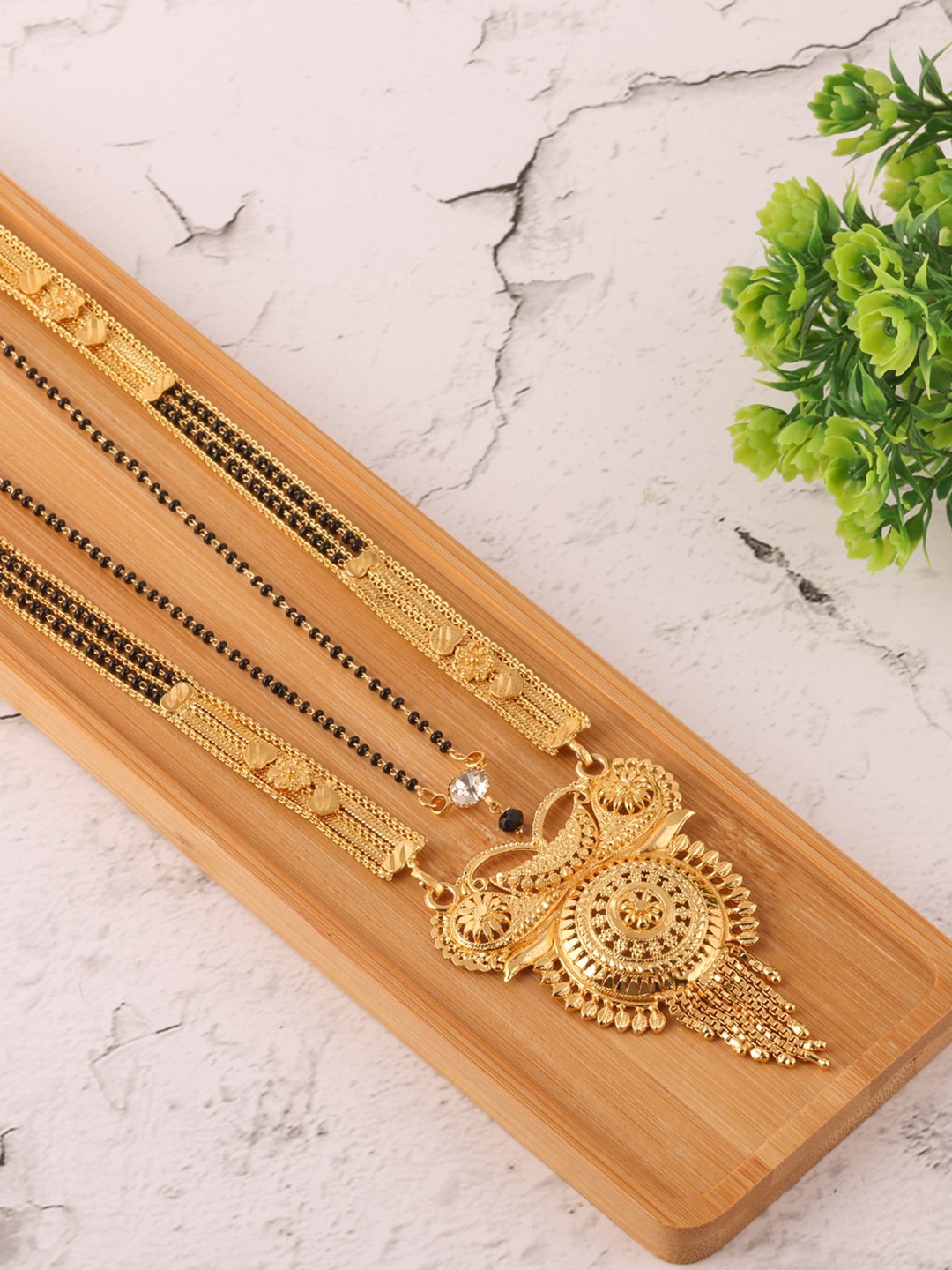 

Brandsoon Set Of 2 Black & Gold-Toned & Plated Beaded Mangalsutras