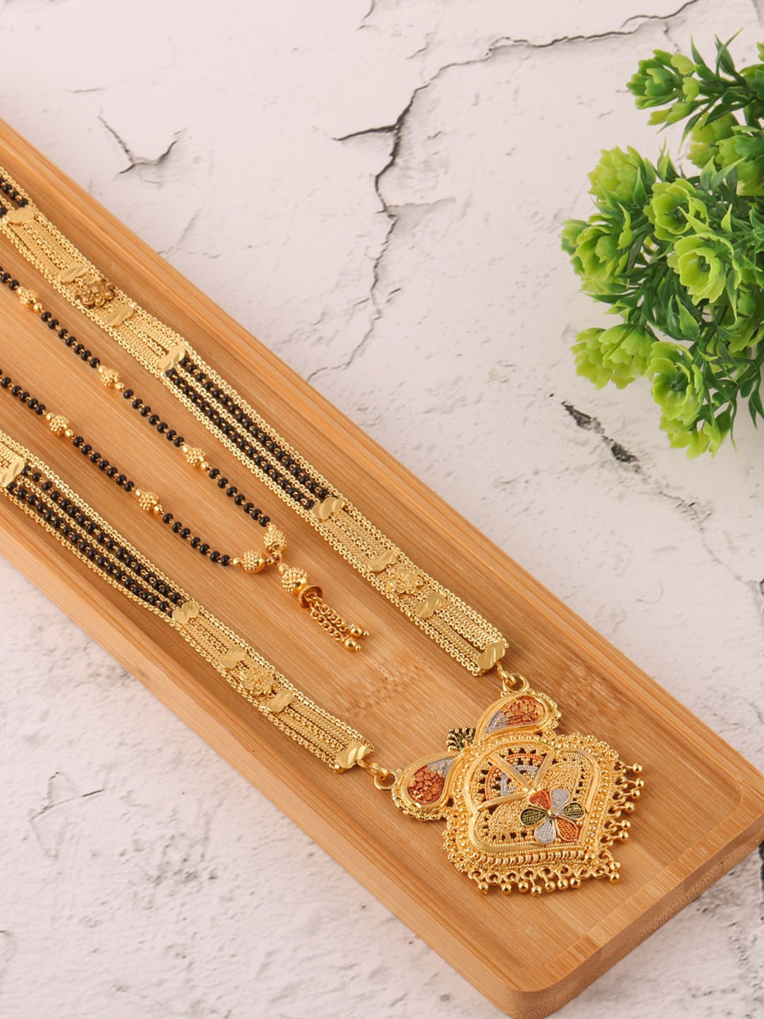 

Brandsoon Set Of 2 Black & Gold-Toned & Plated Beaded Mangalsutras