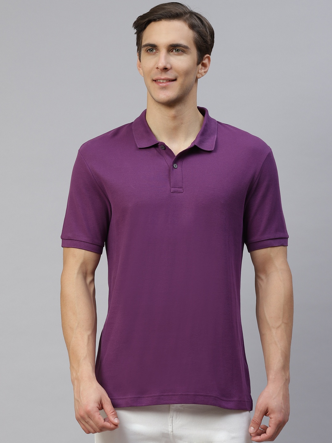 

Marks & Spencer Men Purple Solid Polo Collar Pure Cotton T-shirt